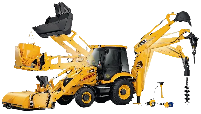 Yellow Excavator with Multiple Attachments