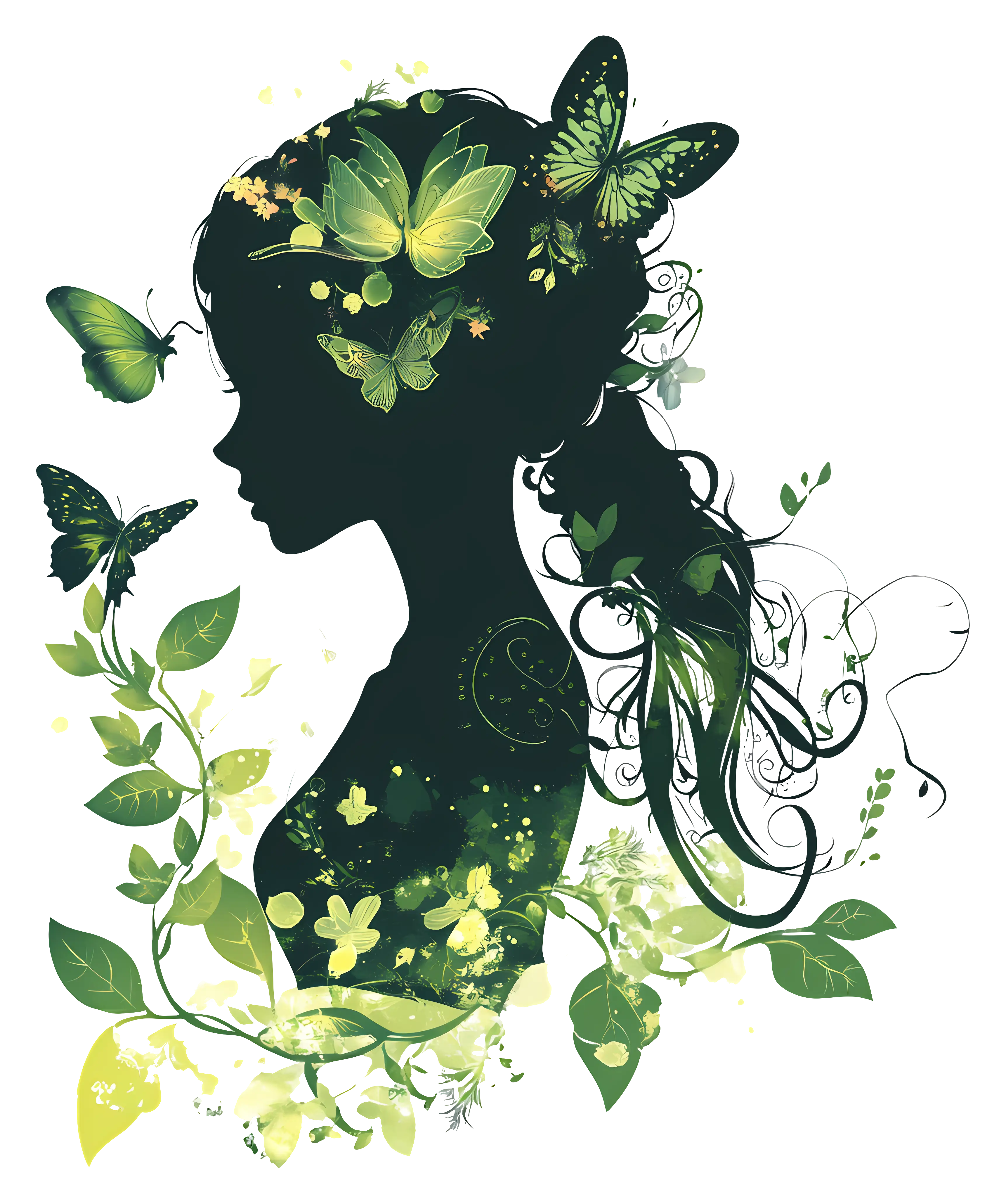 Green Silhouette with Butterflies