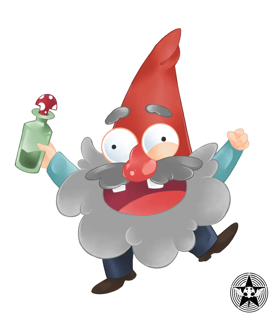 Happy Gnome with Bottle Cartoon
