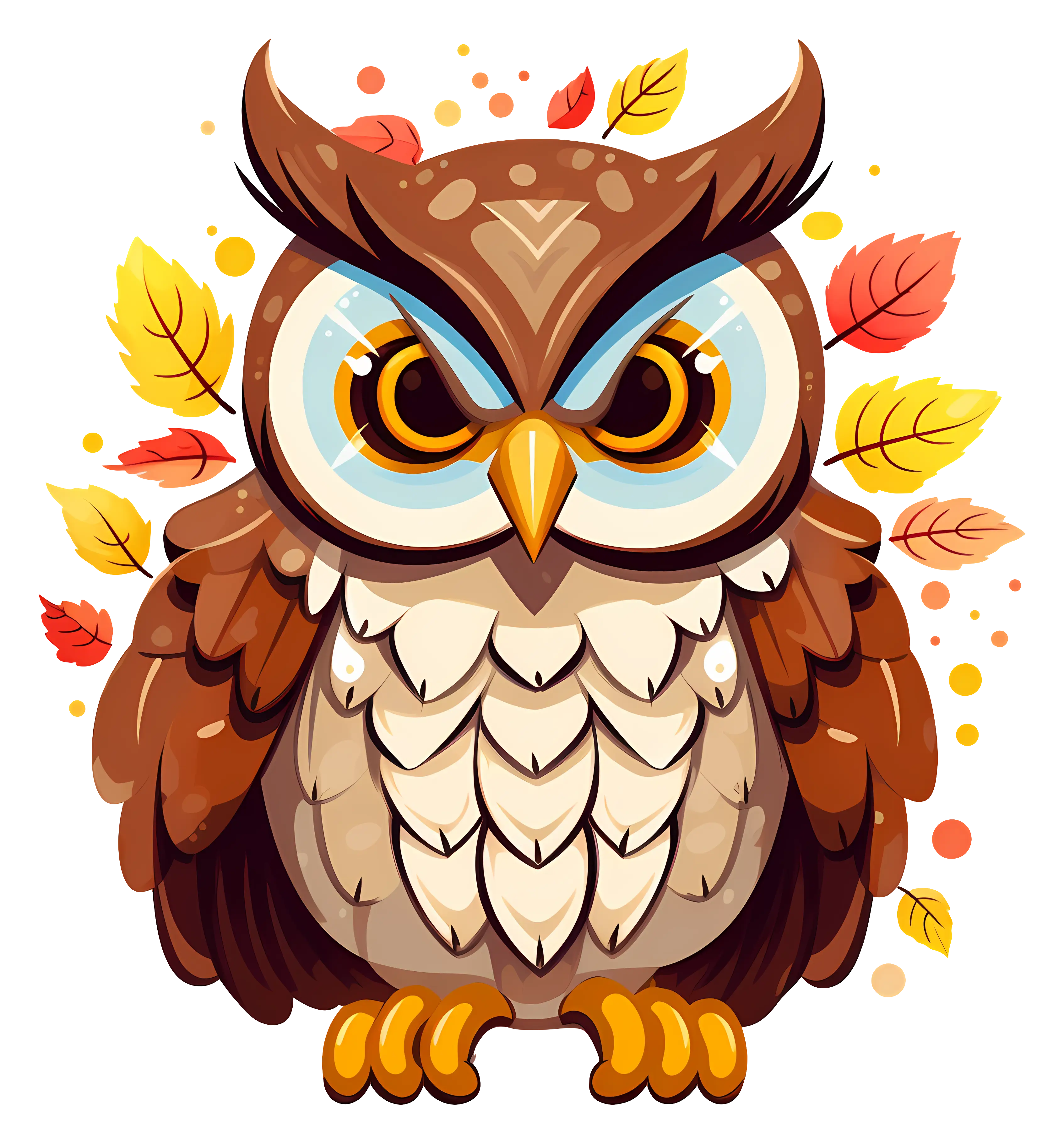 Adorable Cartoon Owl with Colorful Autumn Leaves