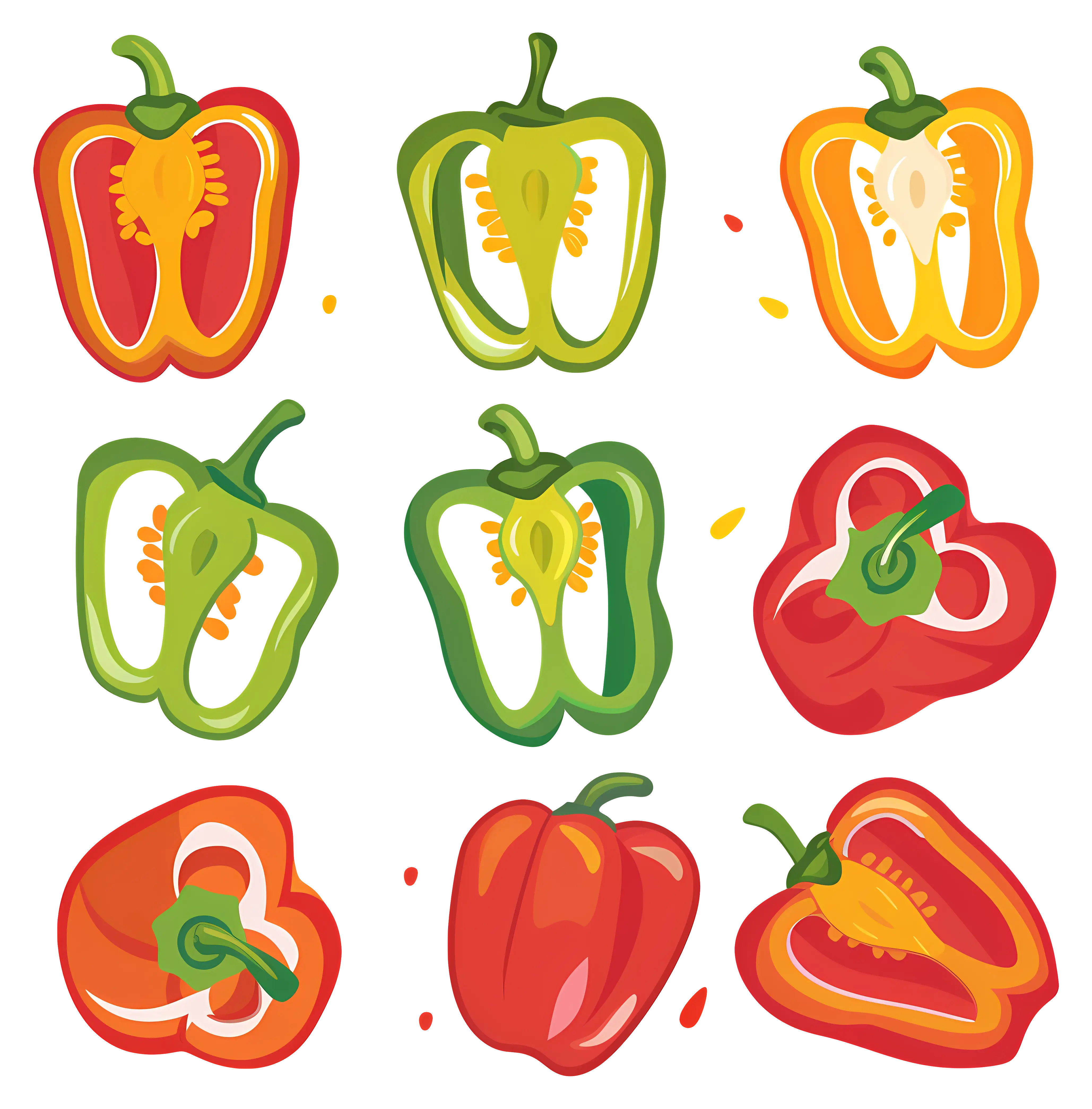 Illustration of Bell Peppers in Varied Cuts