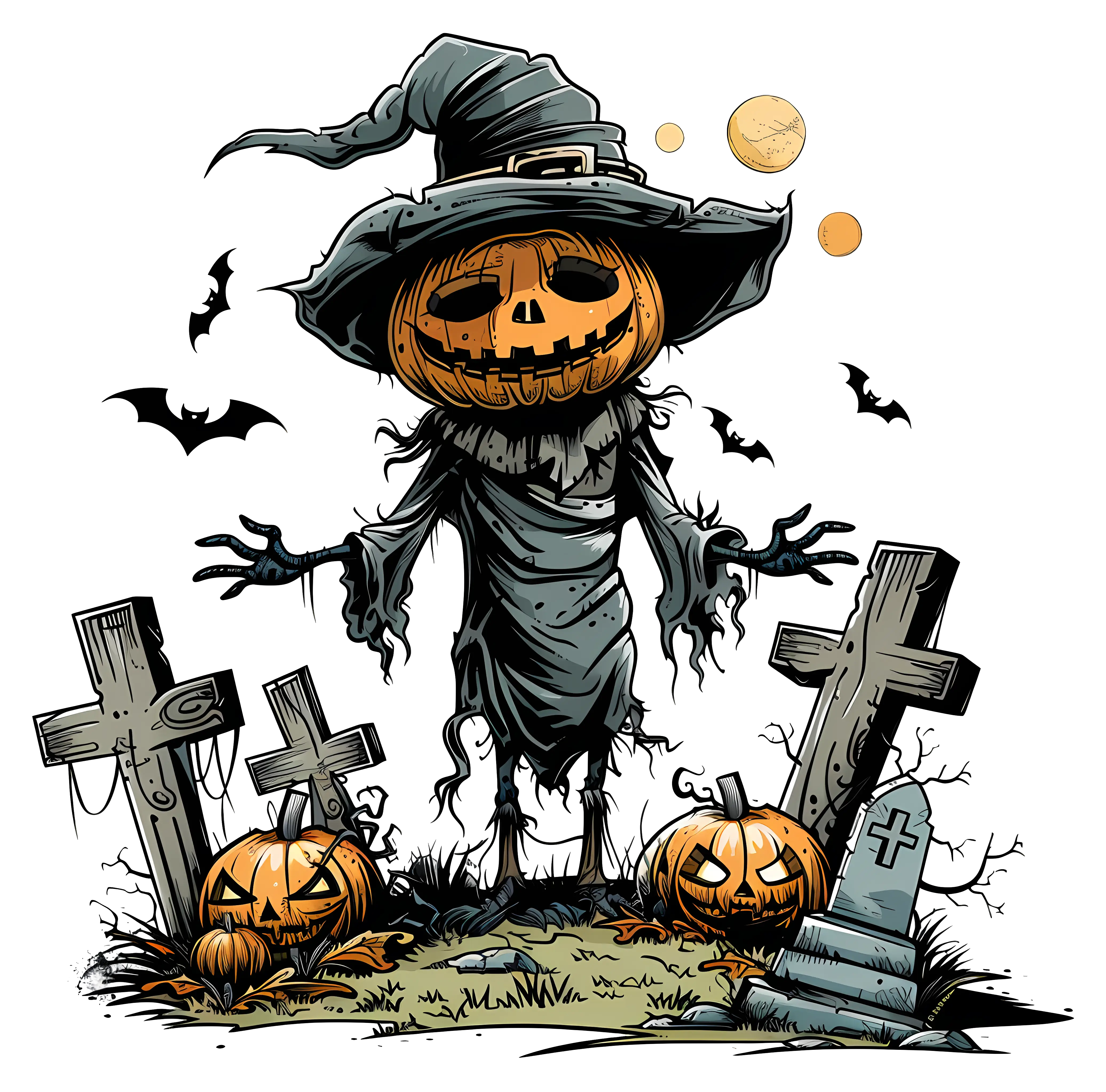 Spooky Scarecrow with Pumpkin Head in Graveyard