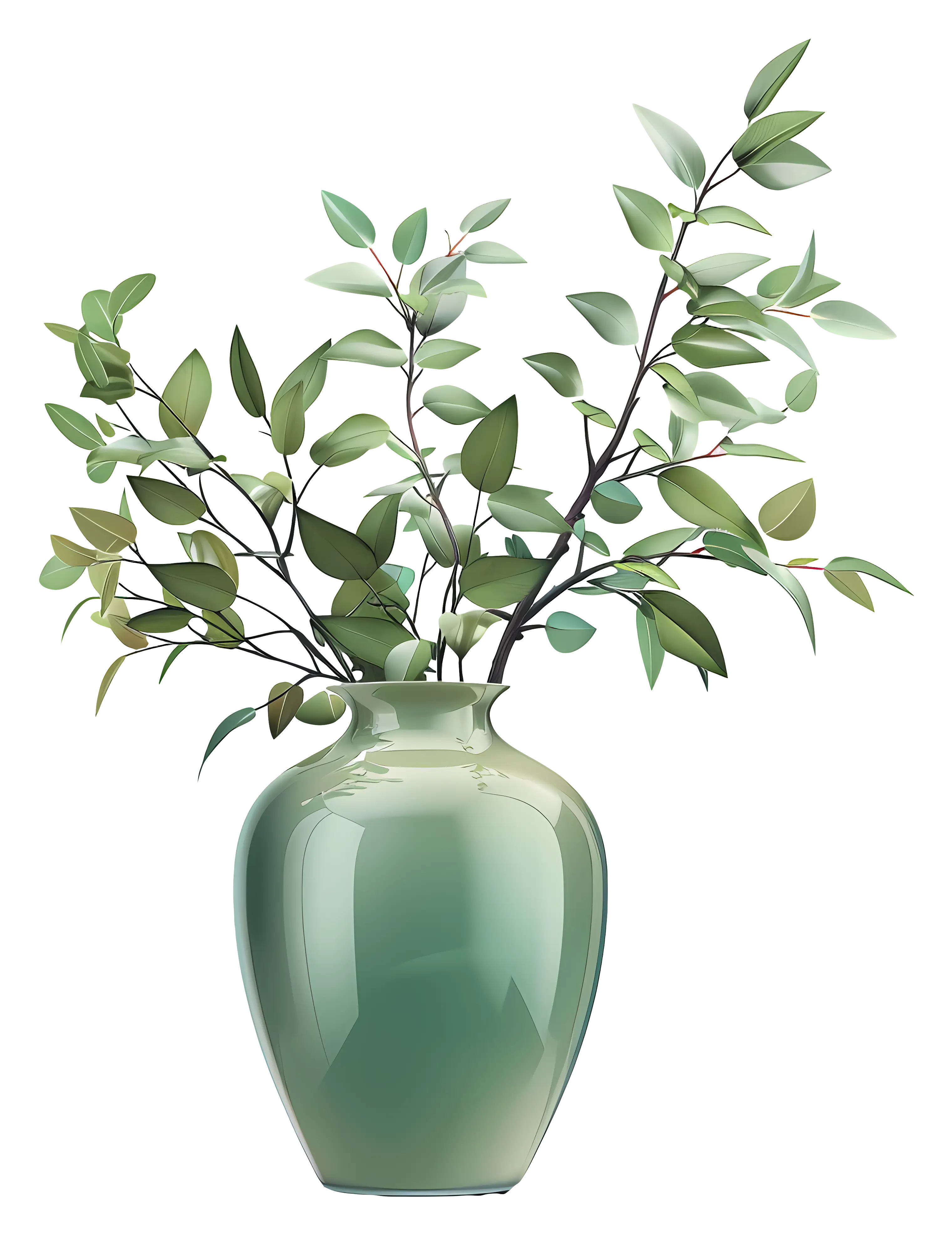 Green Vase with Decorative Leaves