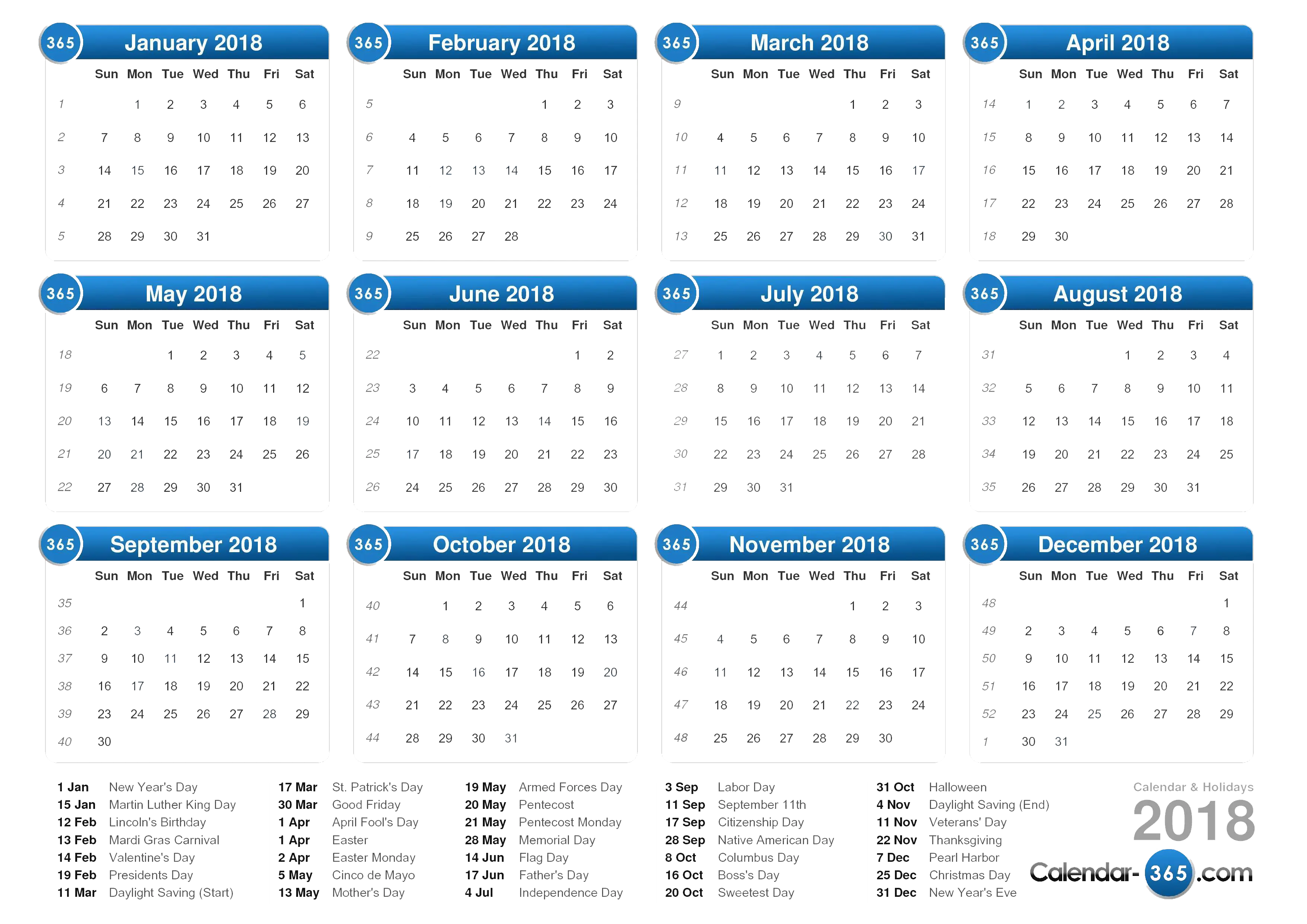 2018 Yearly Calendar