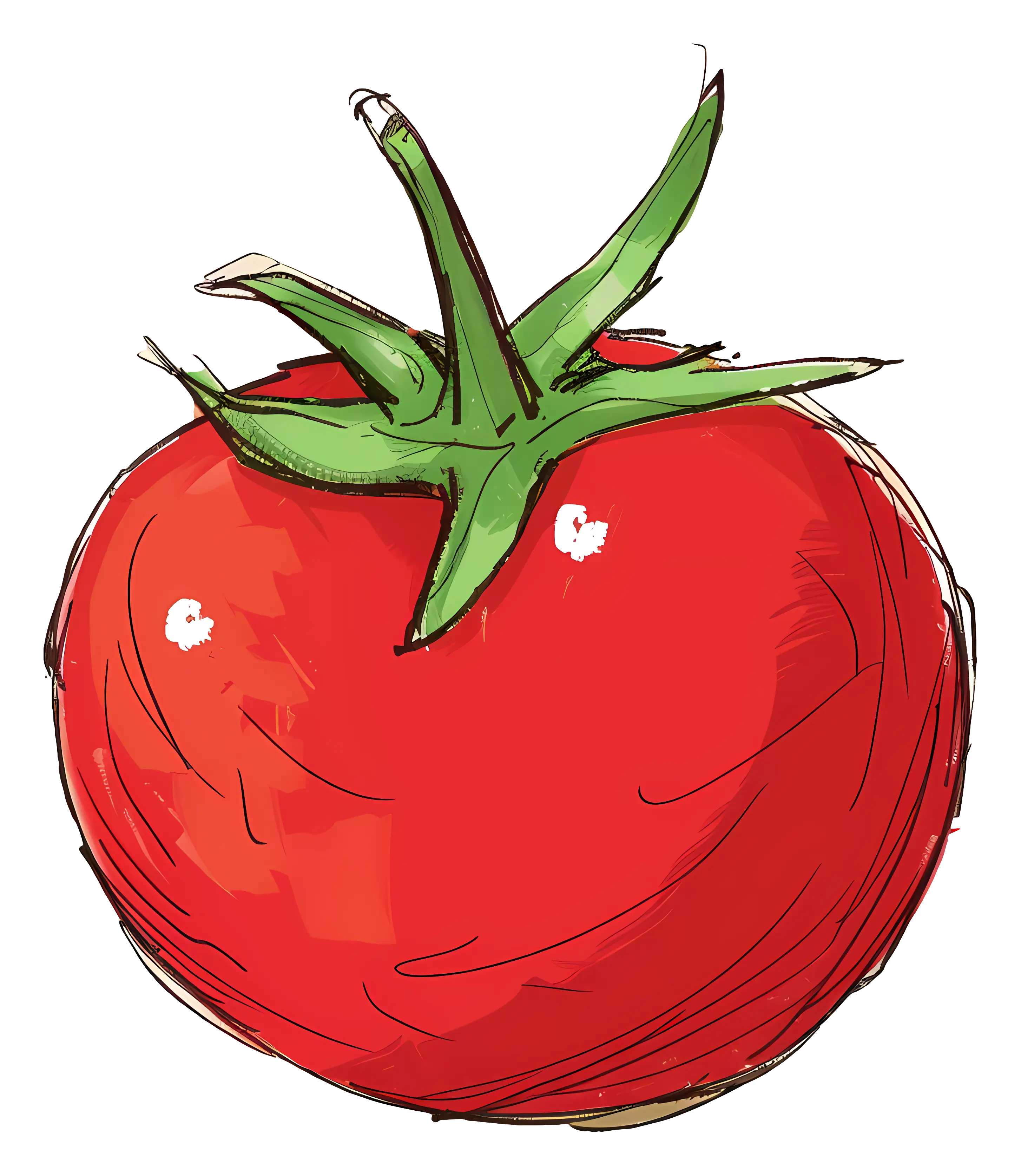 Red Tomato Sketch with Bright Green Leaves