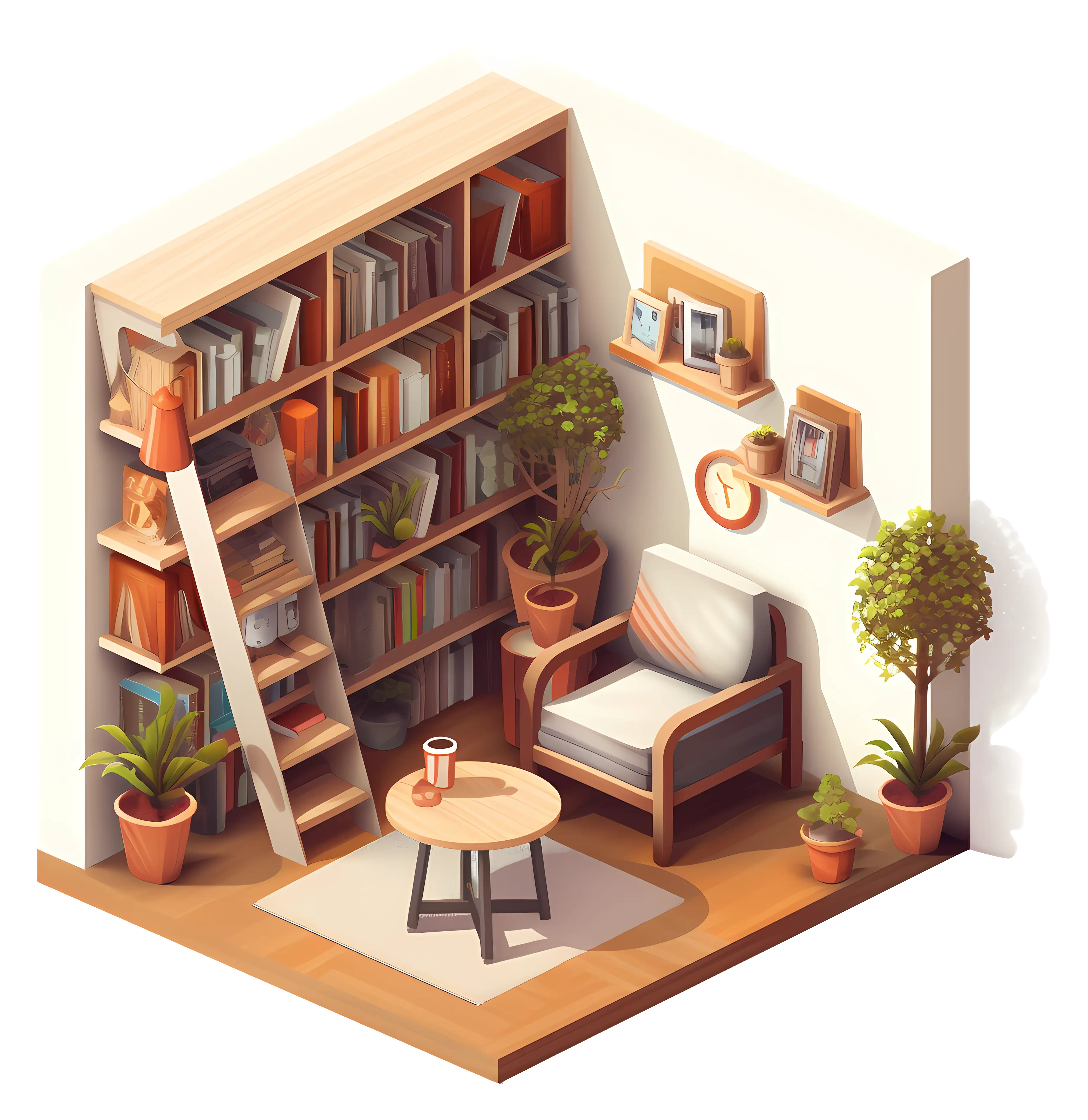 Cozy Corner Reading Nook with Books and Plants
