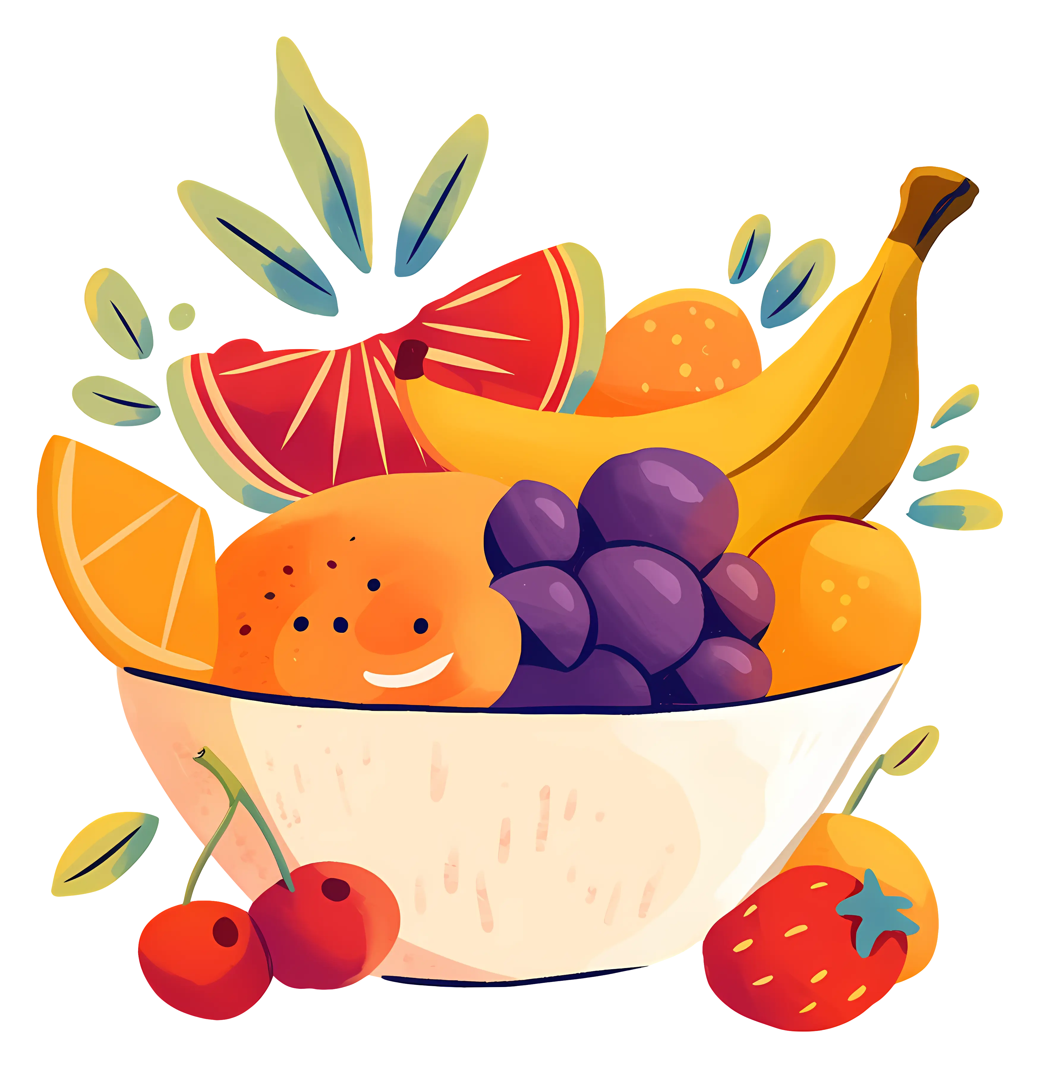 Illustrated Bowl of Mixed Fruits