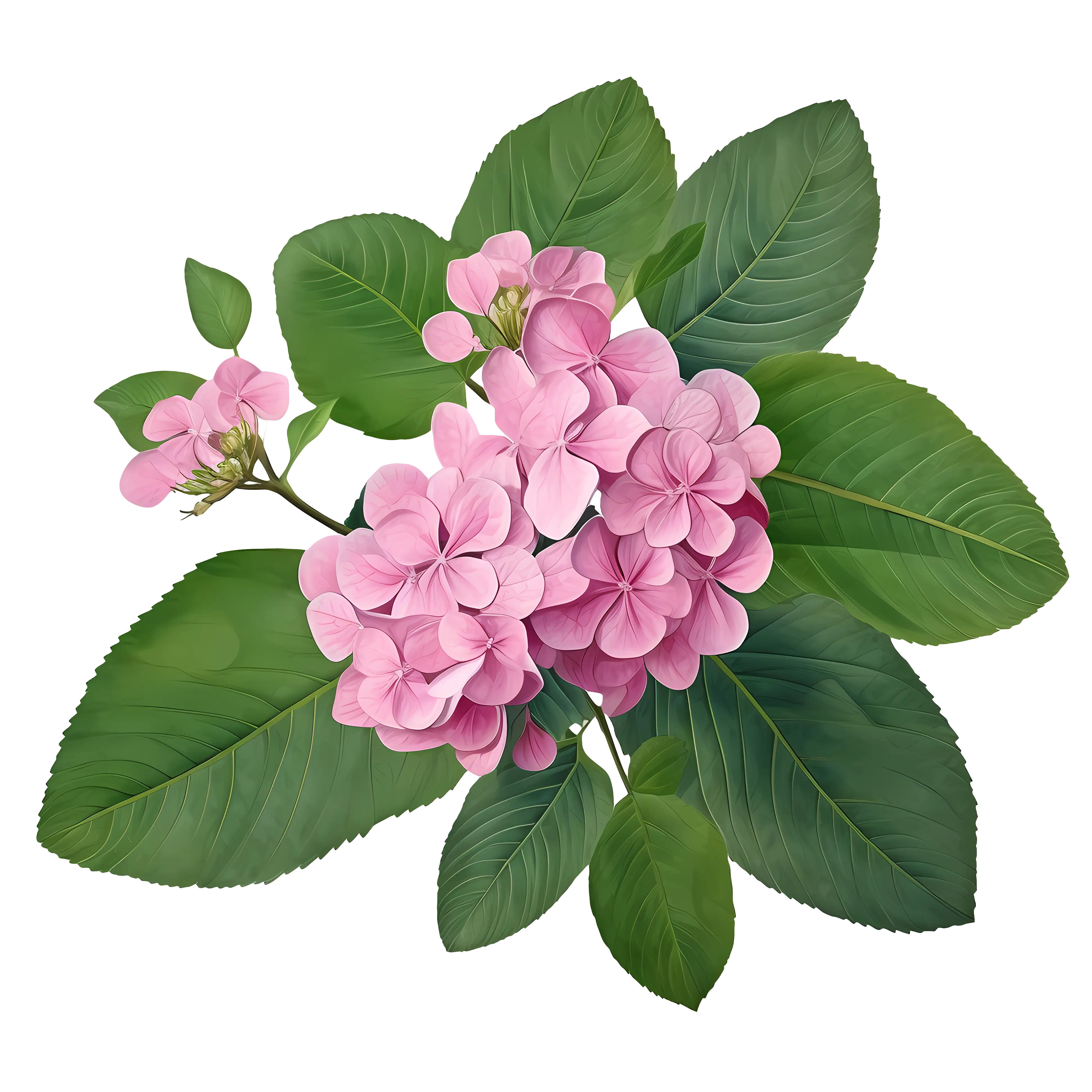 Pink Hydrangea with Green Leaves Illustration