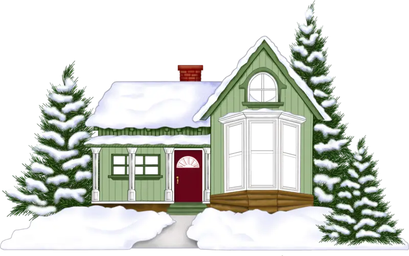 Snowy House with Evergreen Trees