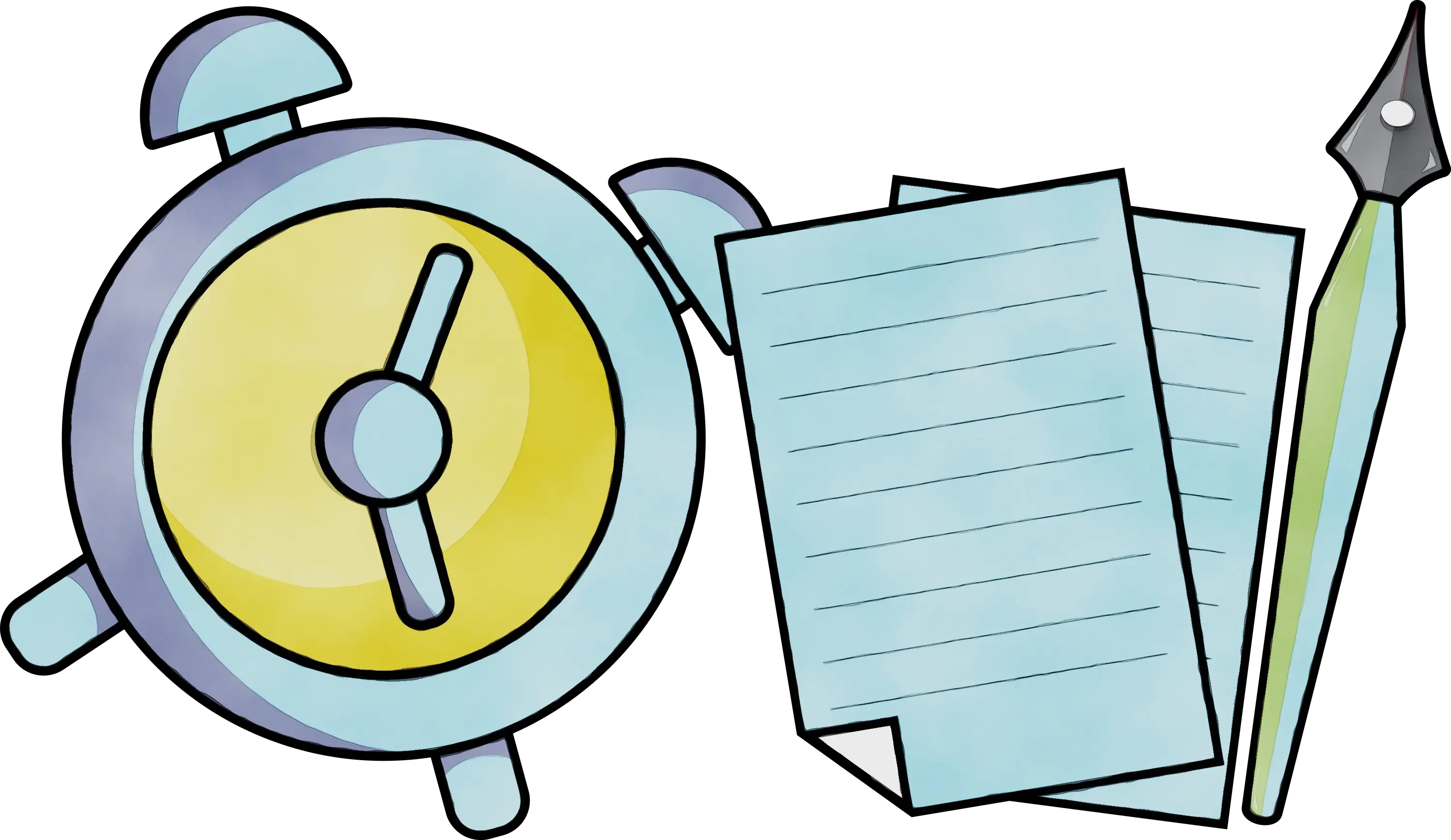 Illustration of Alarm Clock, Papers, and Pen