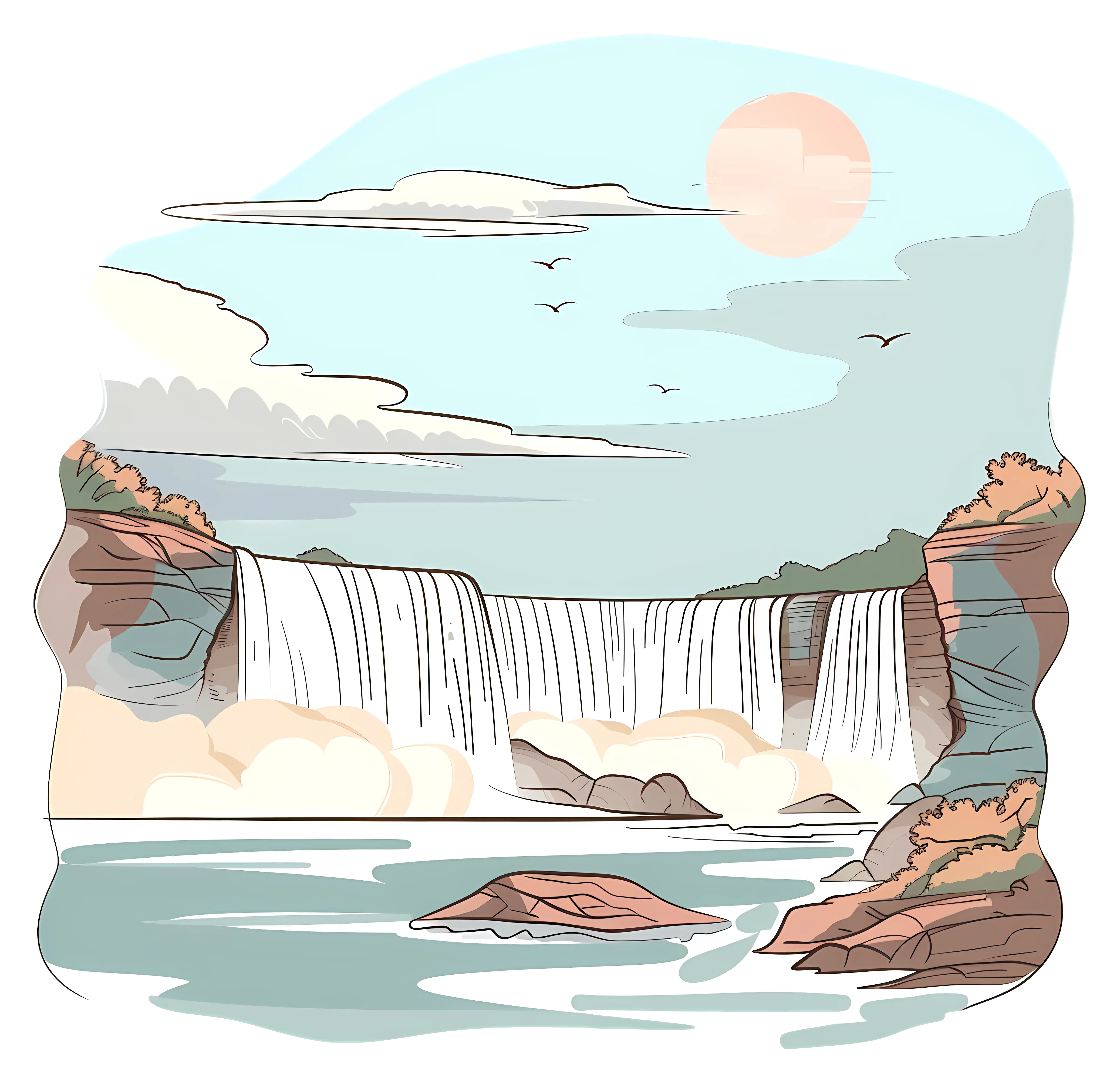 Scenic Waterfall with River and Sunny Sky