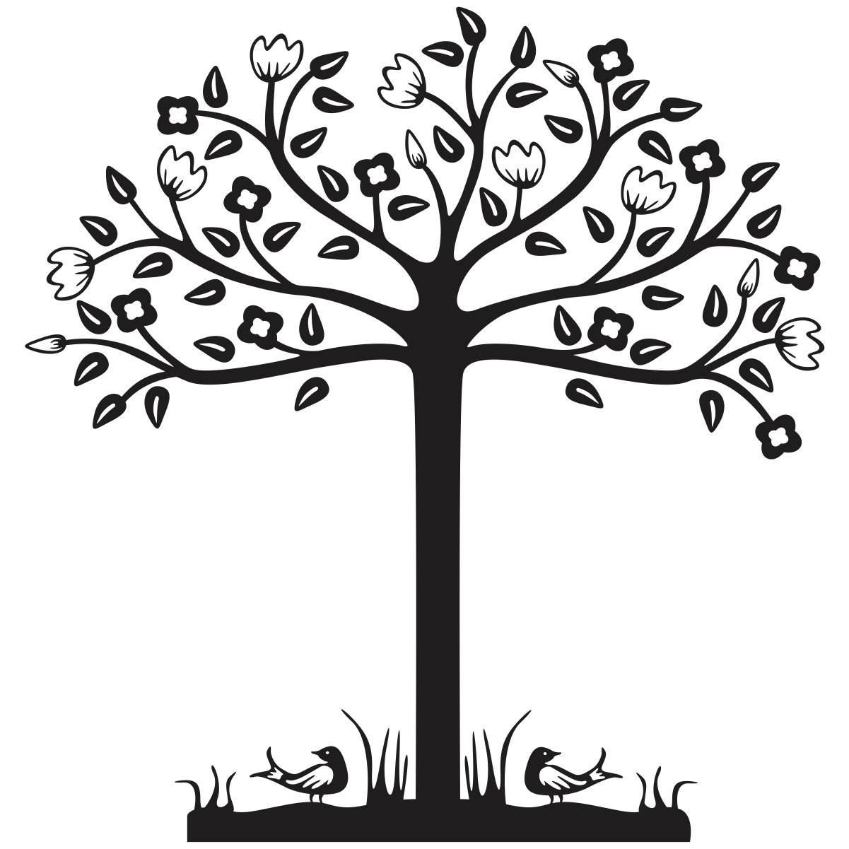 Tree Silhouette with Birds and Flowers