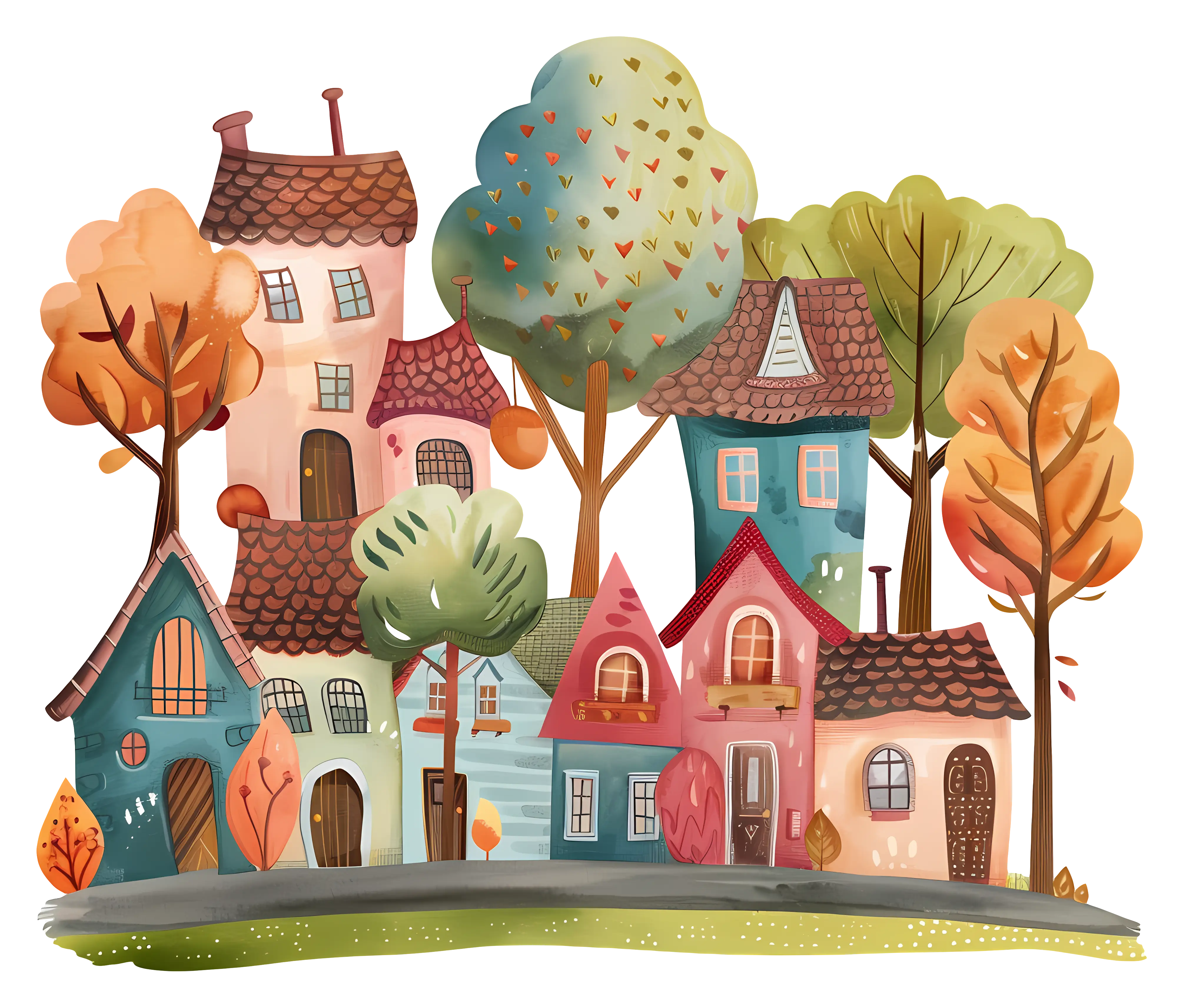 Illustration of Cute Village Houses and Autumn Trees