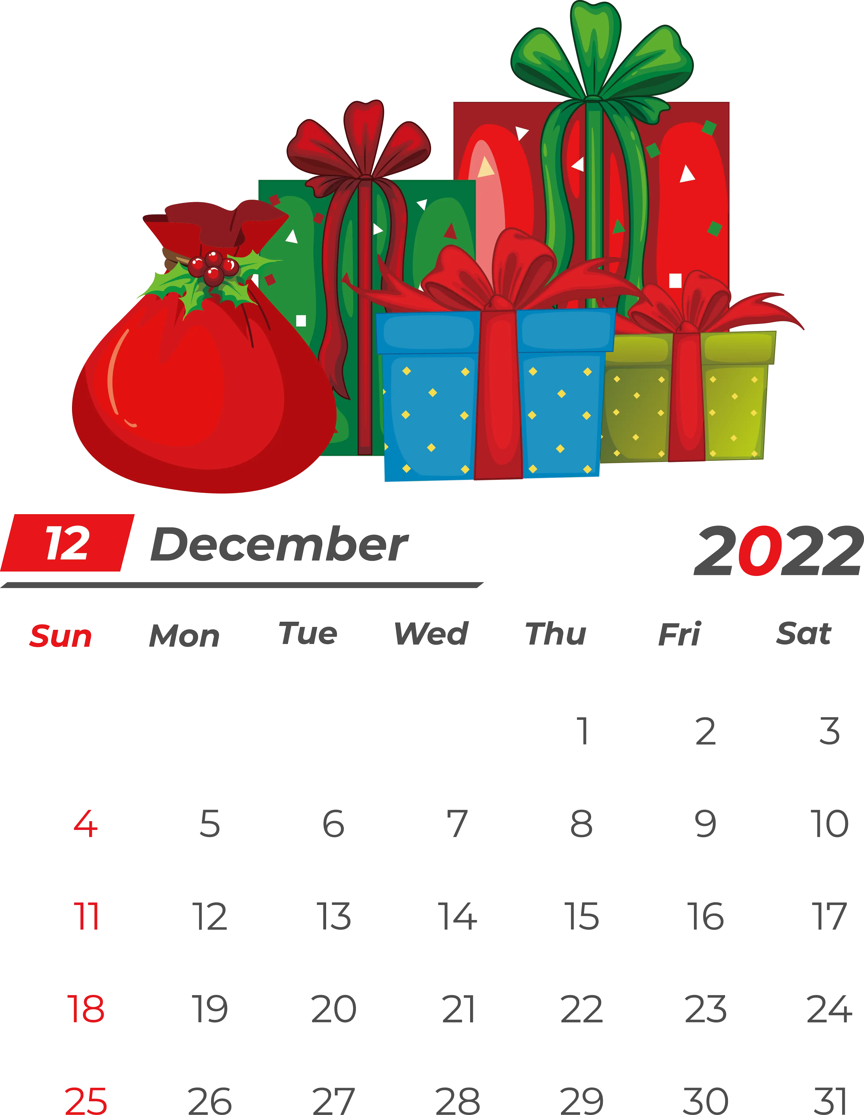 December 2022 Calendar with Gift Boxes and Holiday Theme