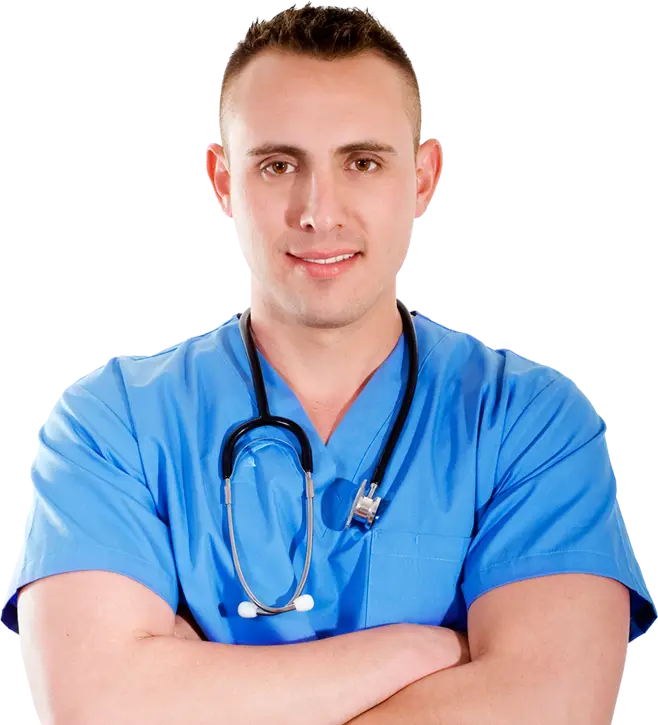 Doctor Posing in Blue Scrubs with Stethoscope