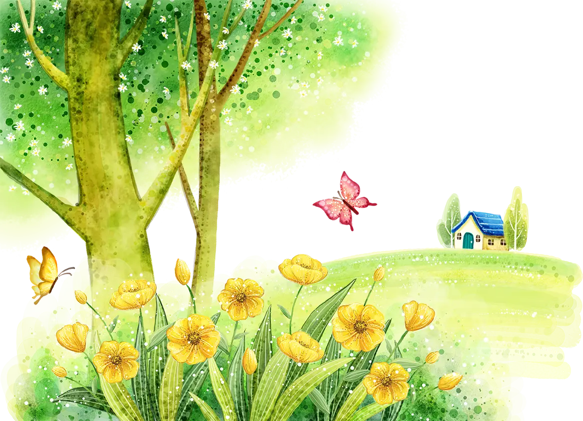 Spring Landscape with Flowers and Butterflies