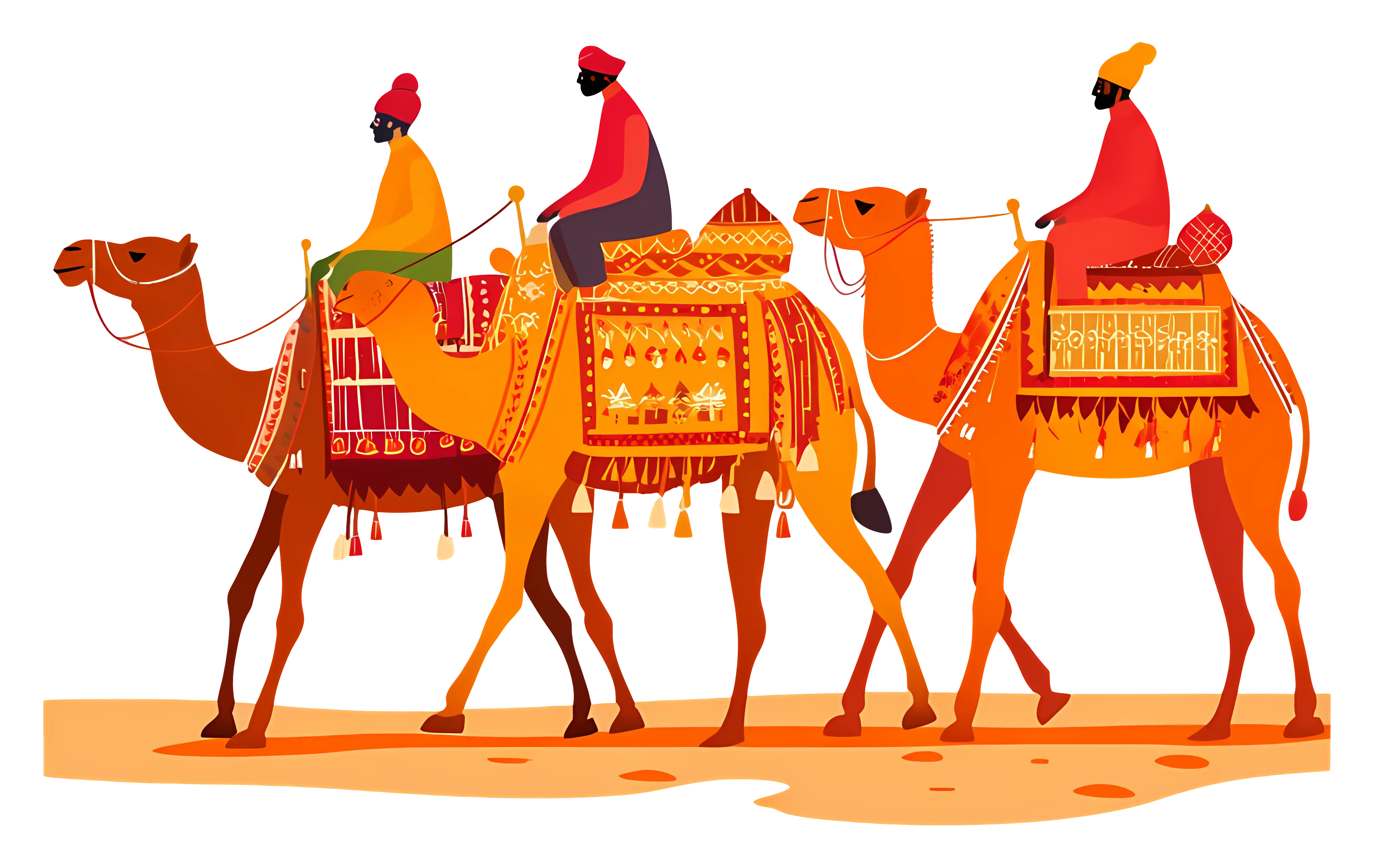 Colorful Illustration of Camels with Riders in Desert