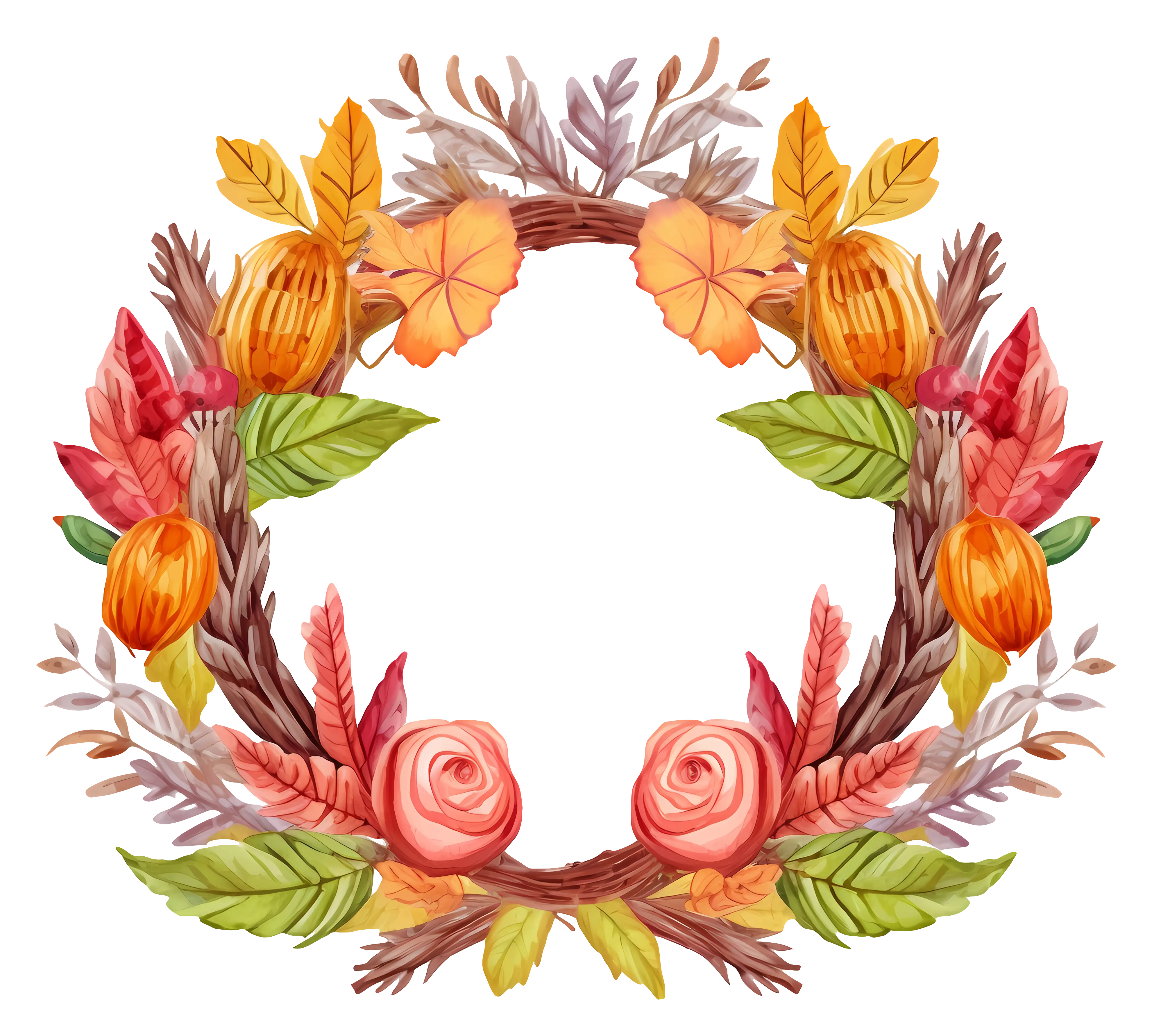 Autumn Wreath with Leaves and Flowers