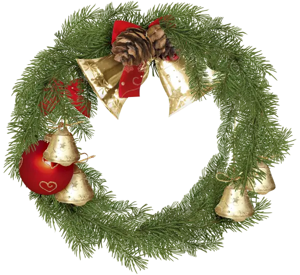 Christmas Wreath with Golden Bells and Red Ribbon