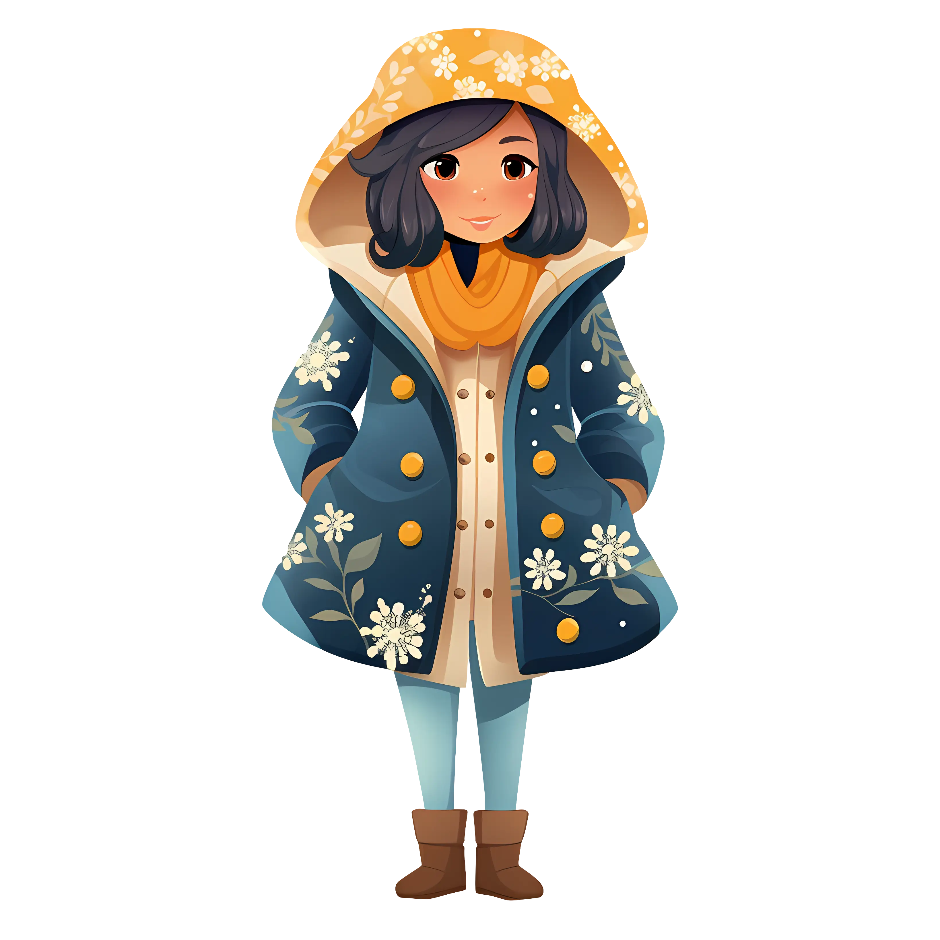 Girl in a Winter Coat with Floral Pattern