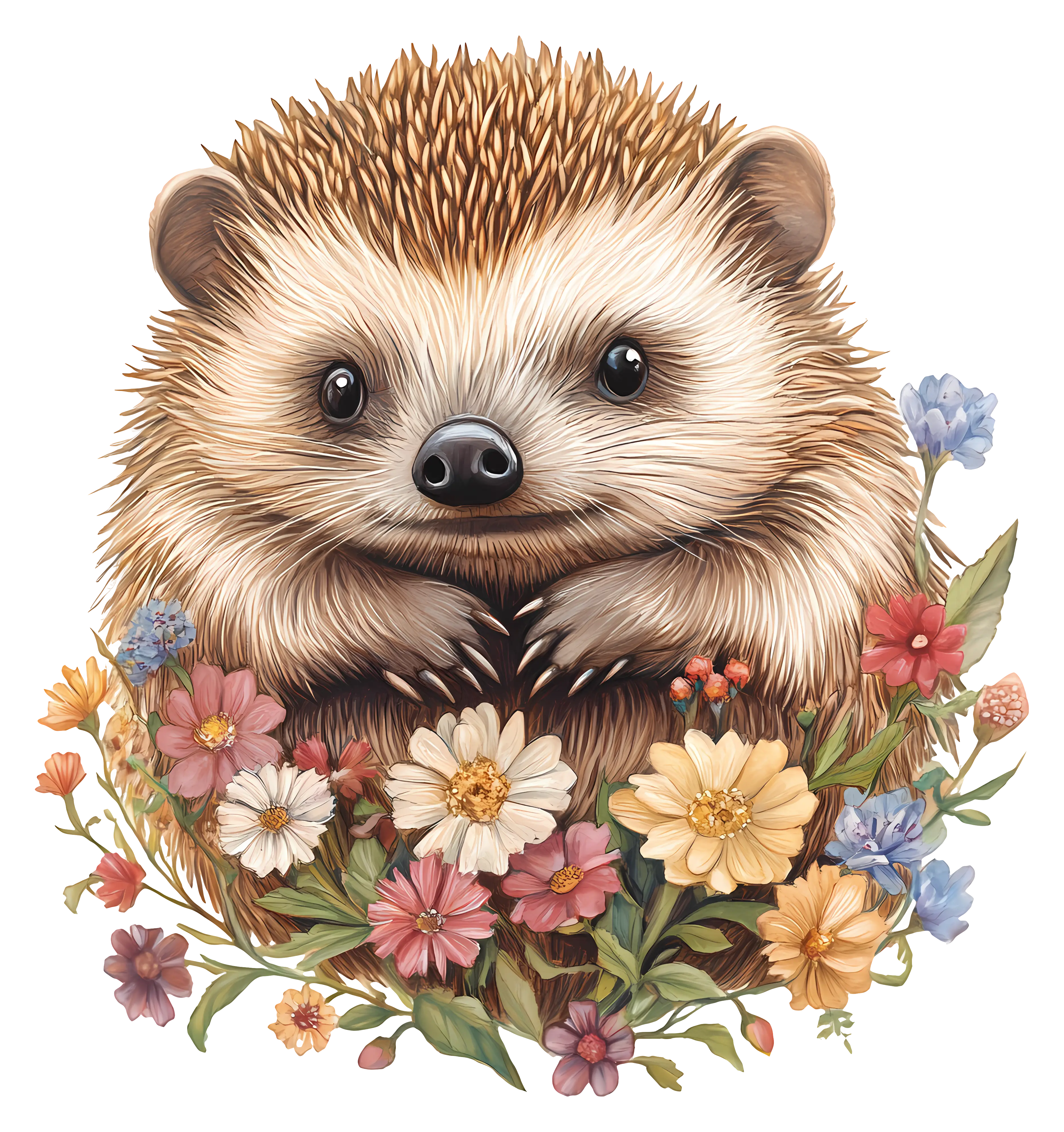 Cute Hedgehog Surrounded by Flowers