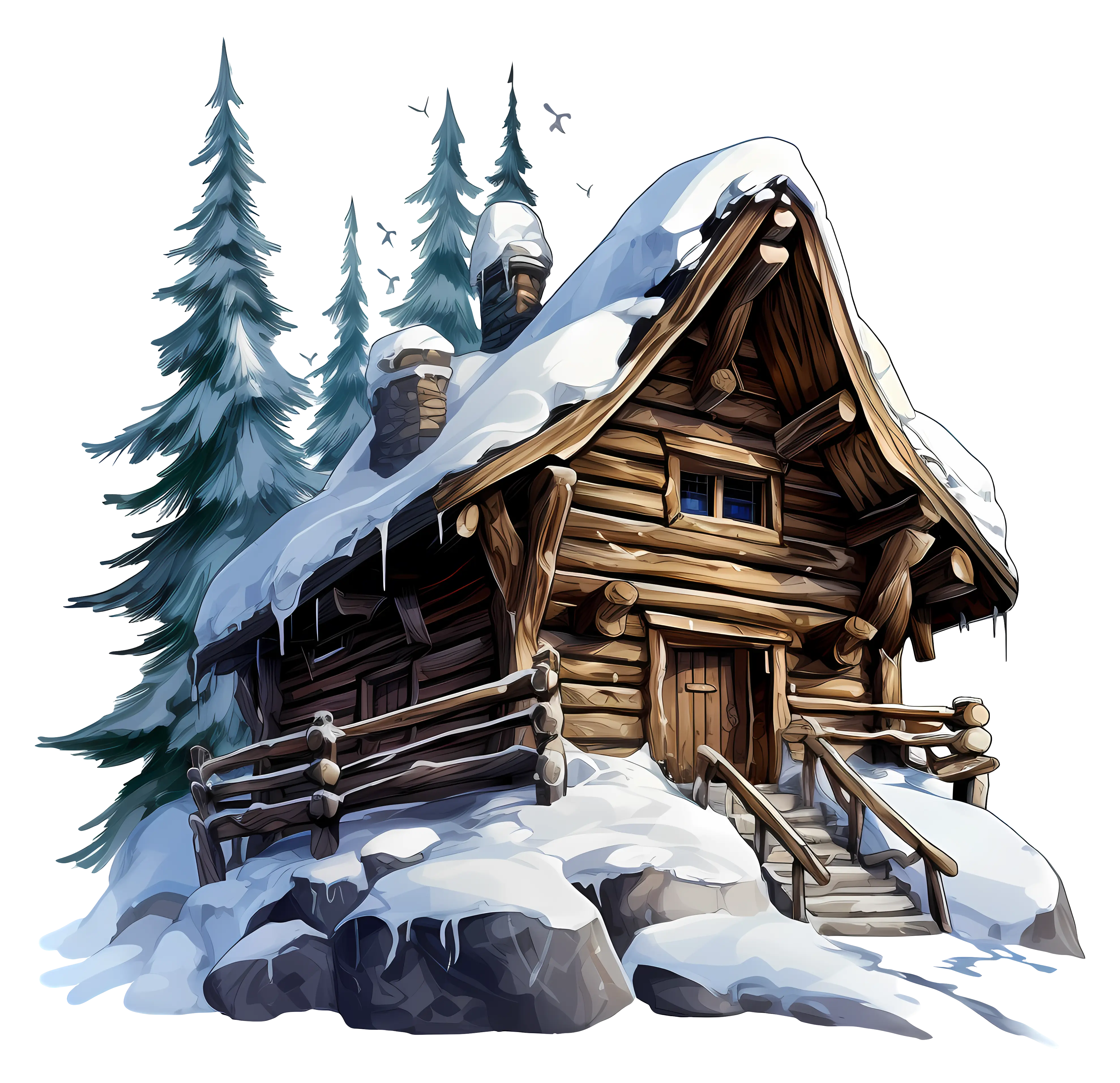 Snowy Wooden Cabin in Winter Forest