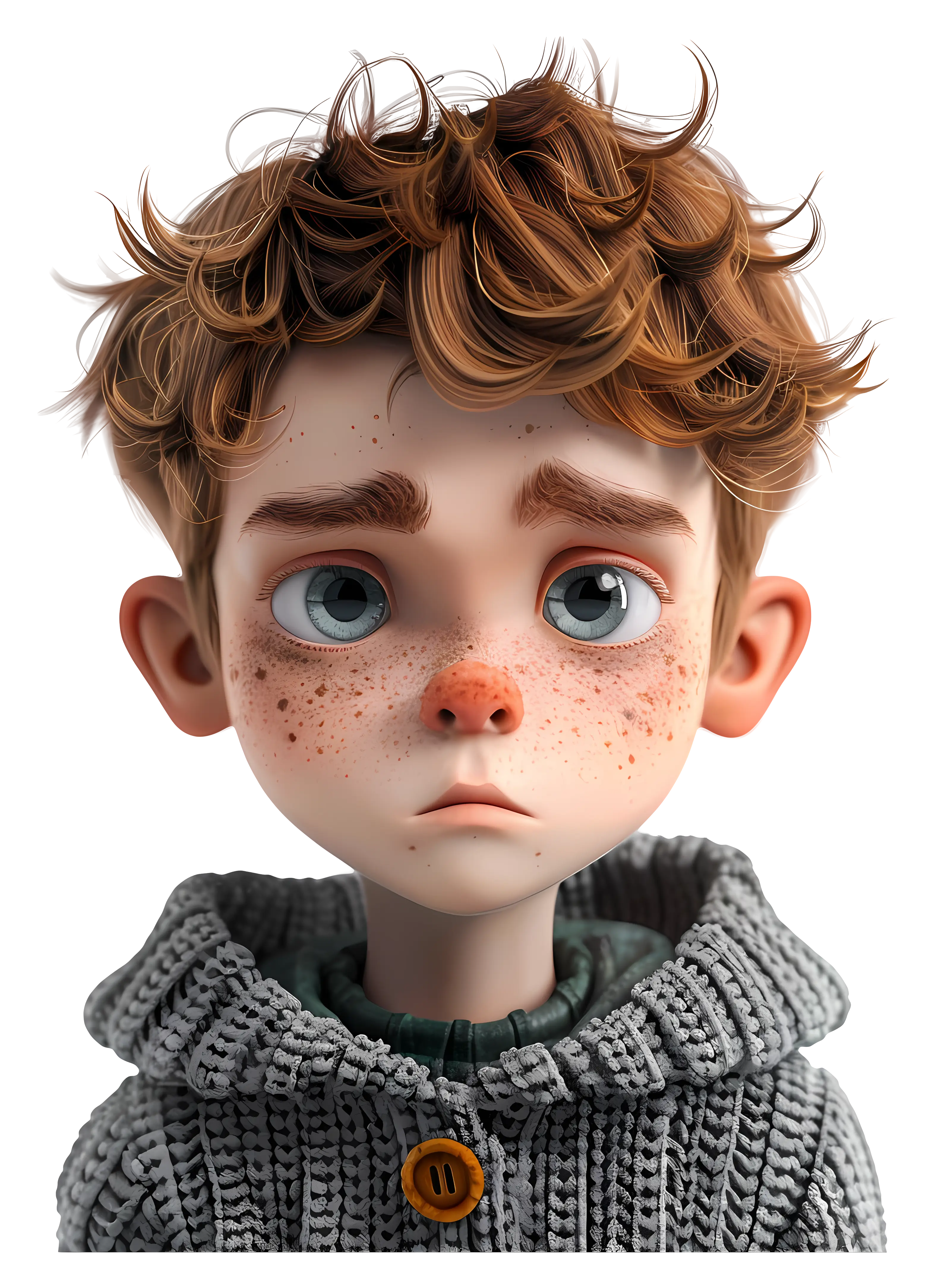 Sad Boy with Freckles in Animated Style