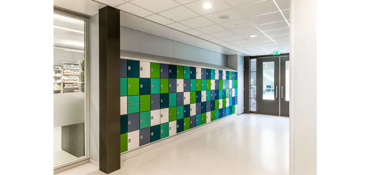 Colorful School Lockers in Hallway