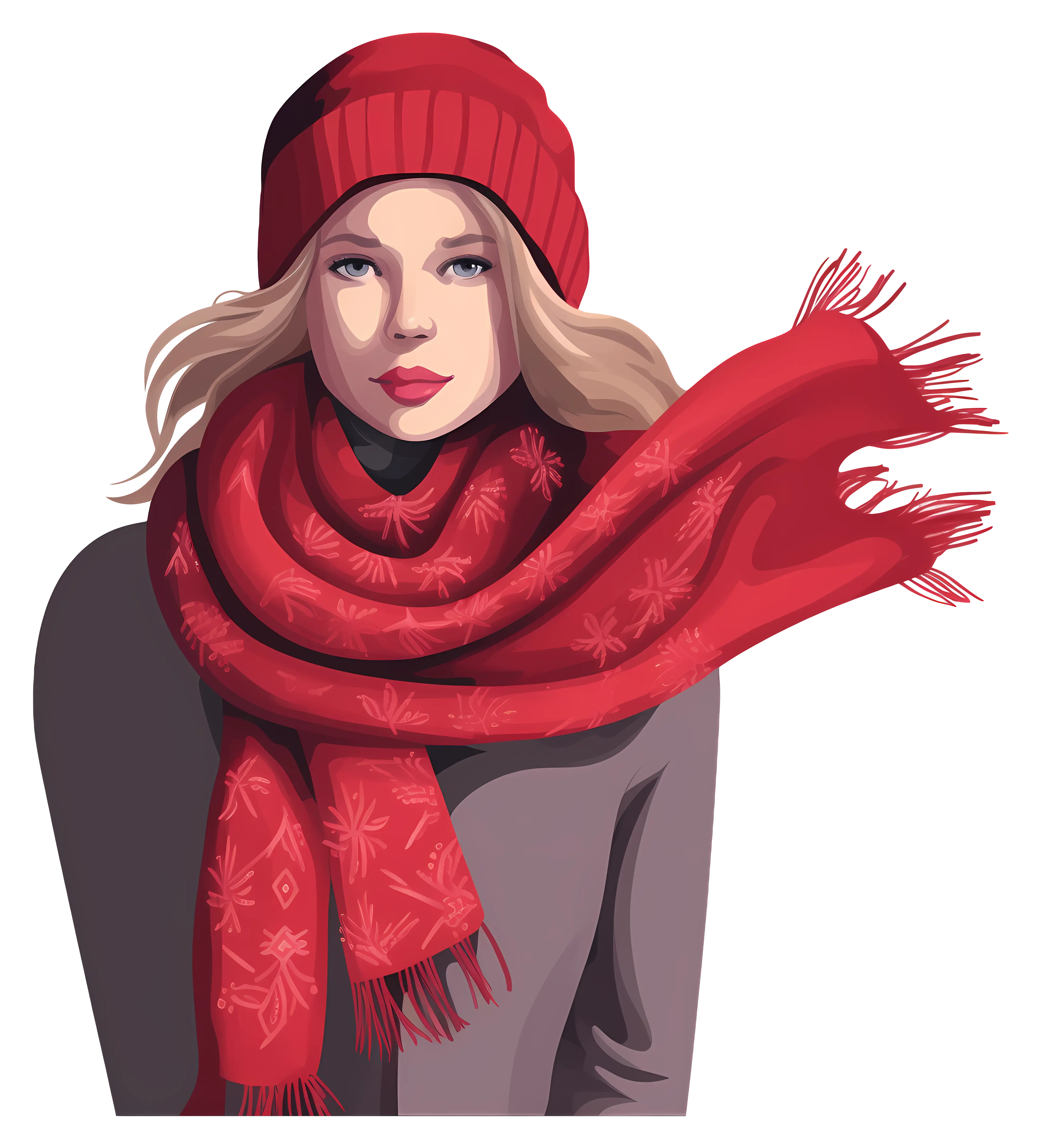 Woman in Red Scarf and Hat