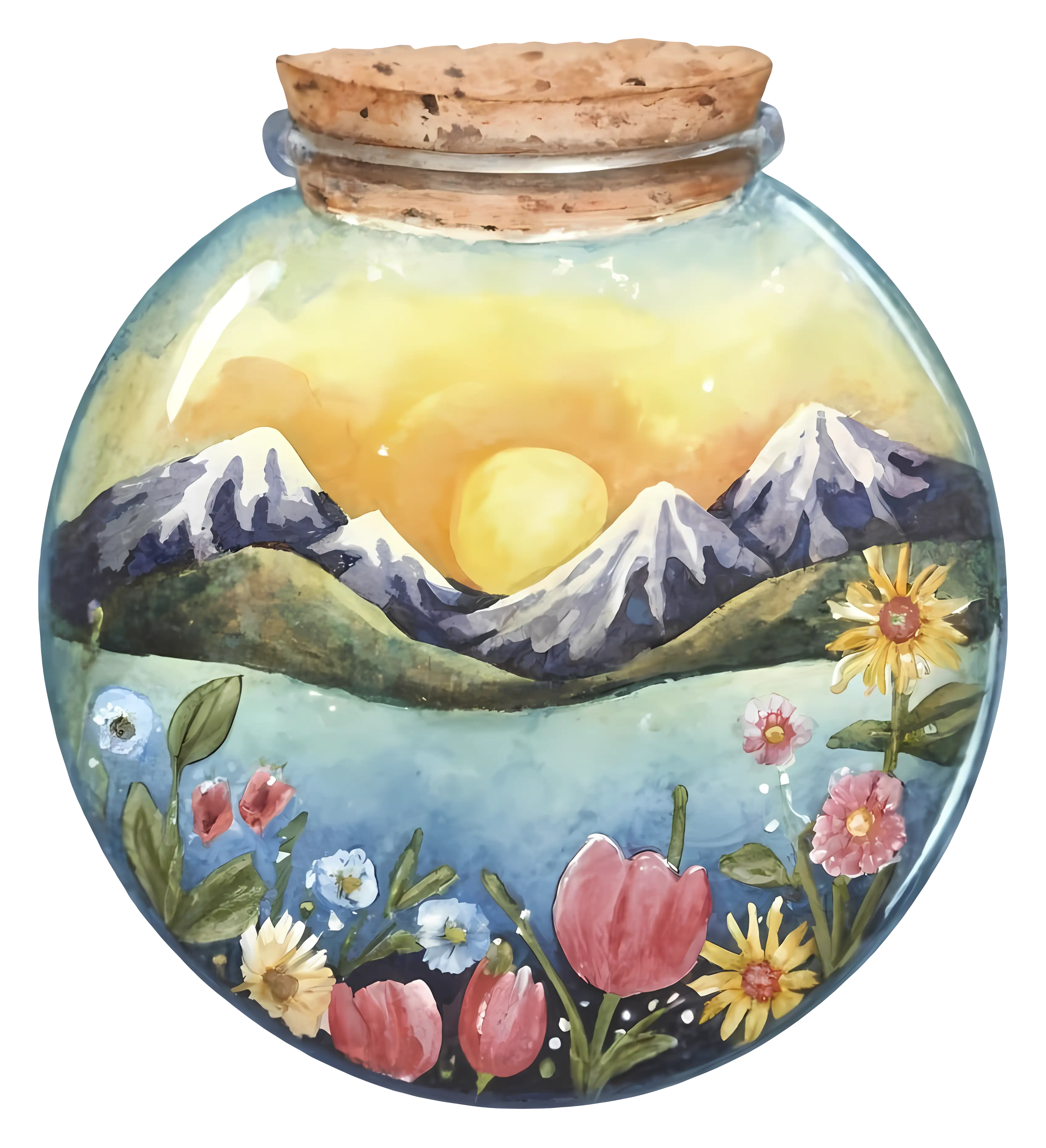 Scenic Jar Art with Flowers and Mountains
