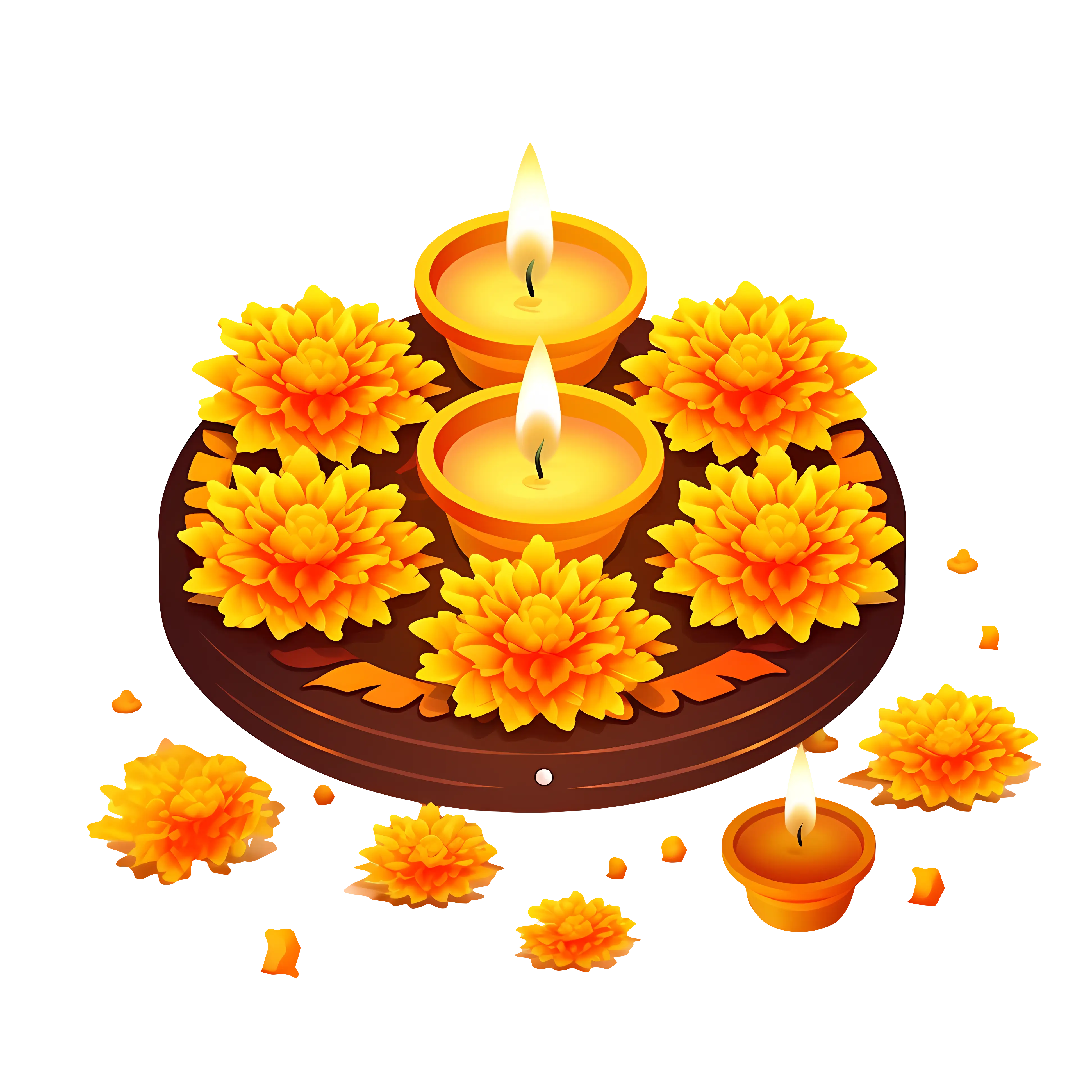 Decorative Diyas with Marigold Flowers for Diwali