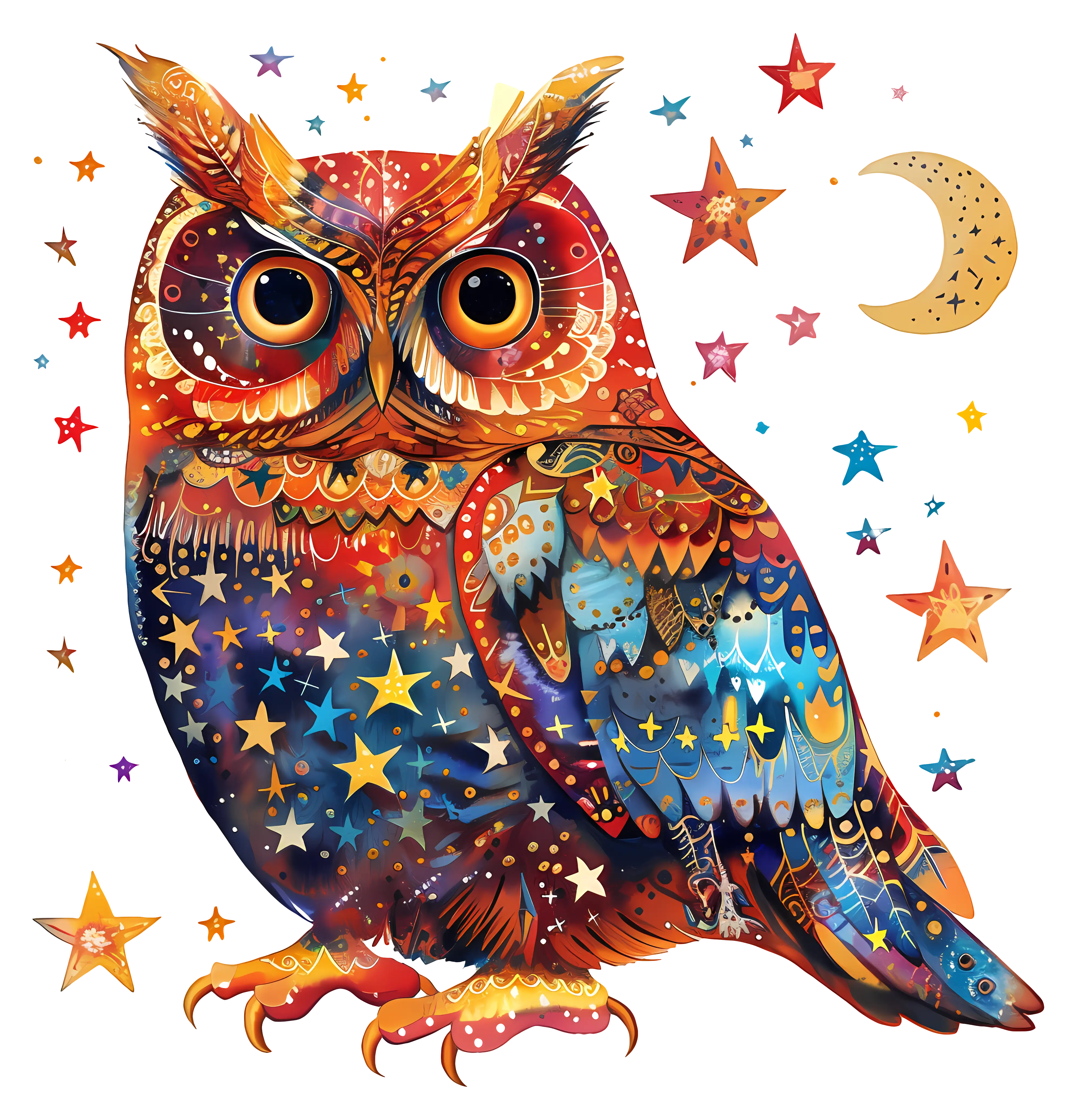 Colorful Owl with Stars and Moon