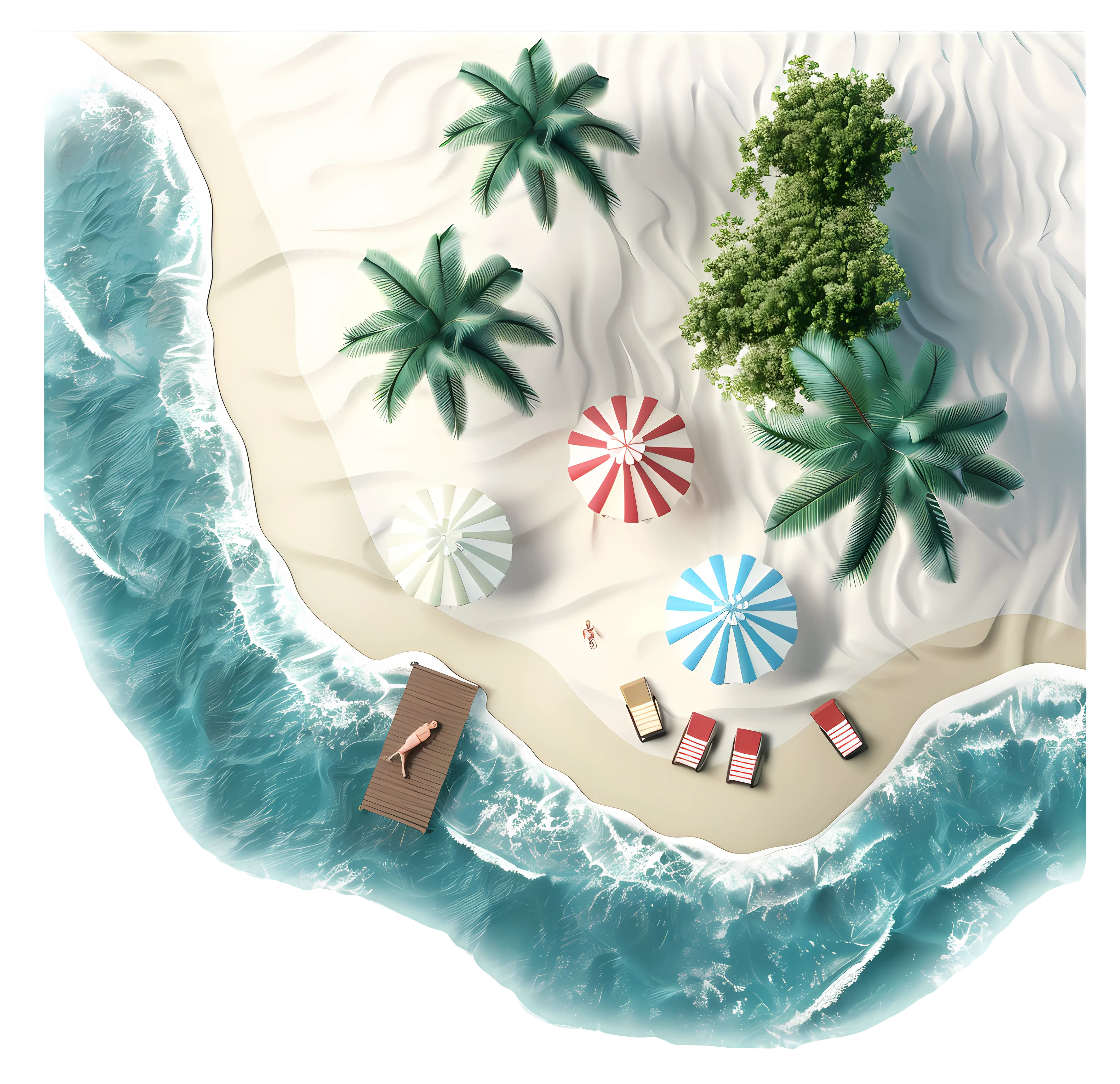 Tropical Beach with Umbrellas and Palm Trees