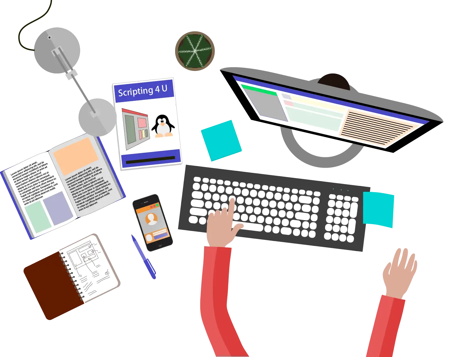 Workspace with Computer, Books, and Supplies Illustration
