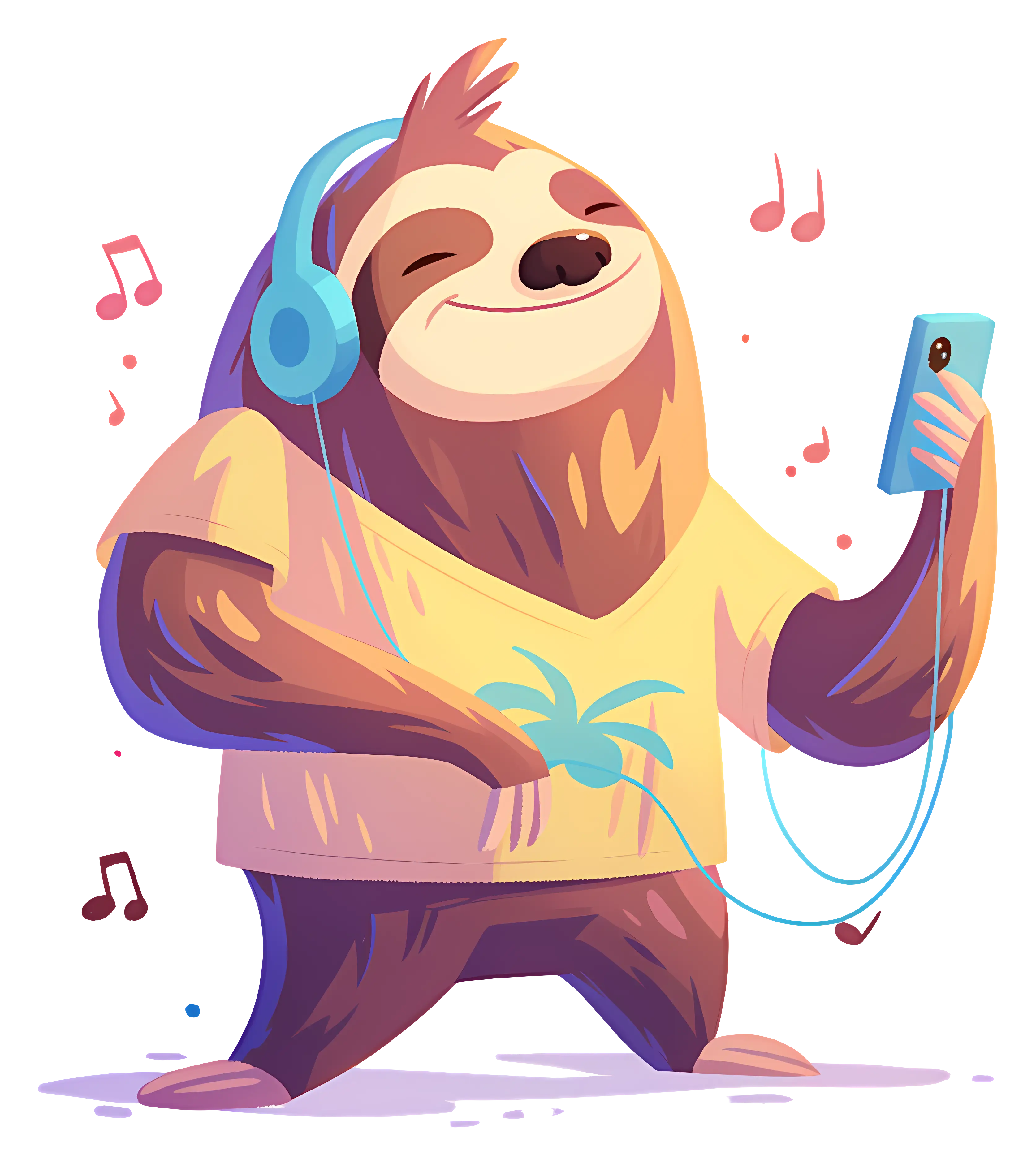 Cartoon Sloth Listening to Music with Headphones and Phone