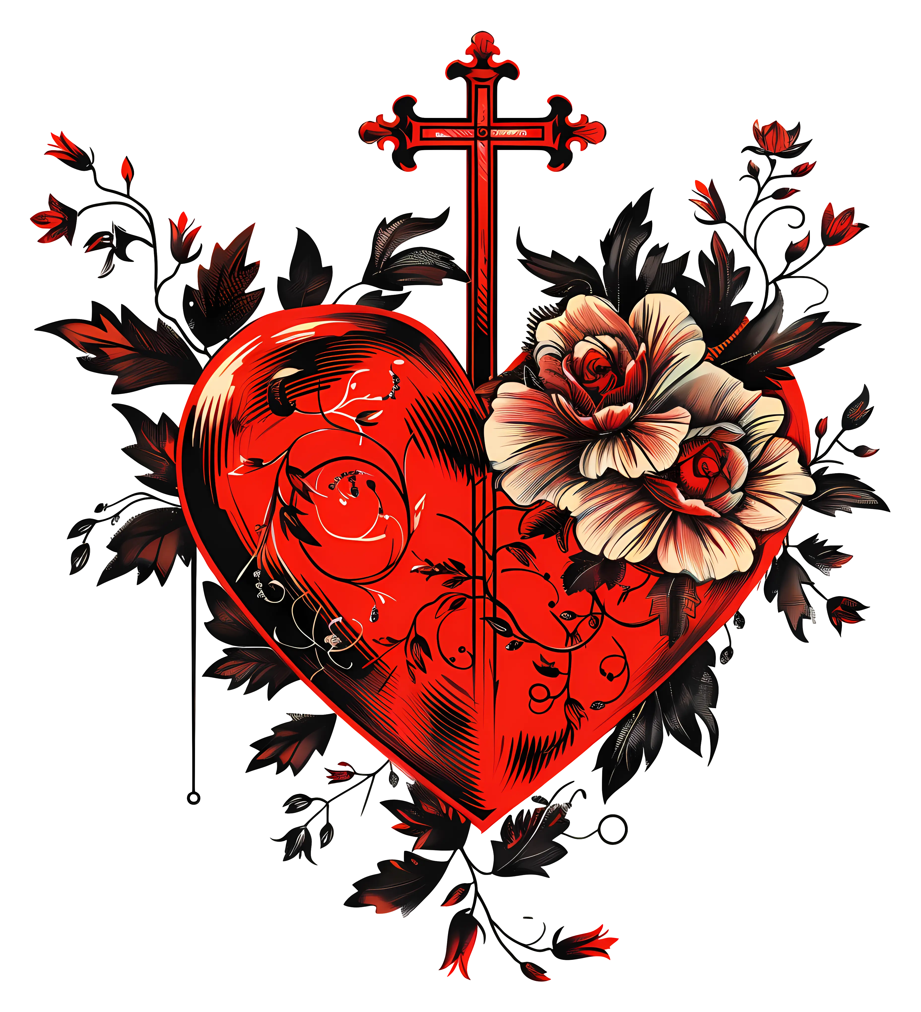 Heart with Cross and Roses Illustration