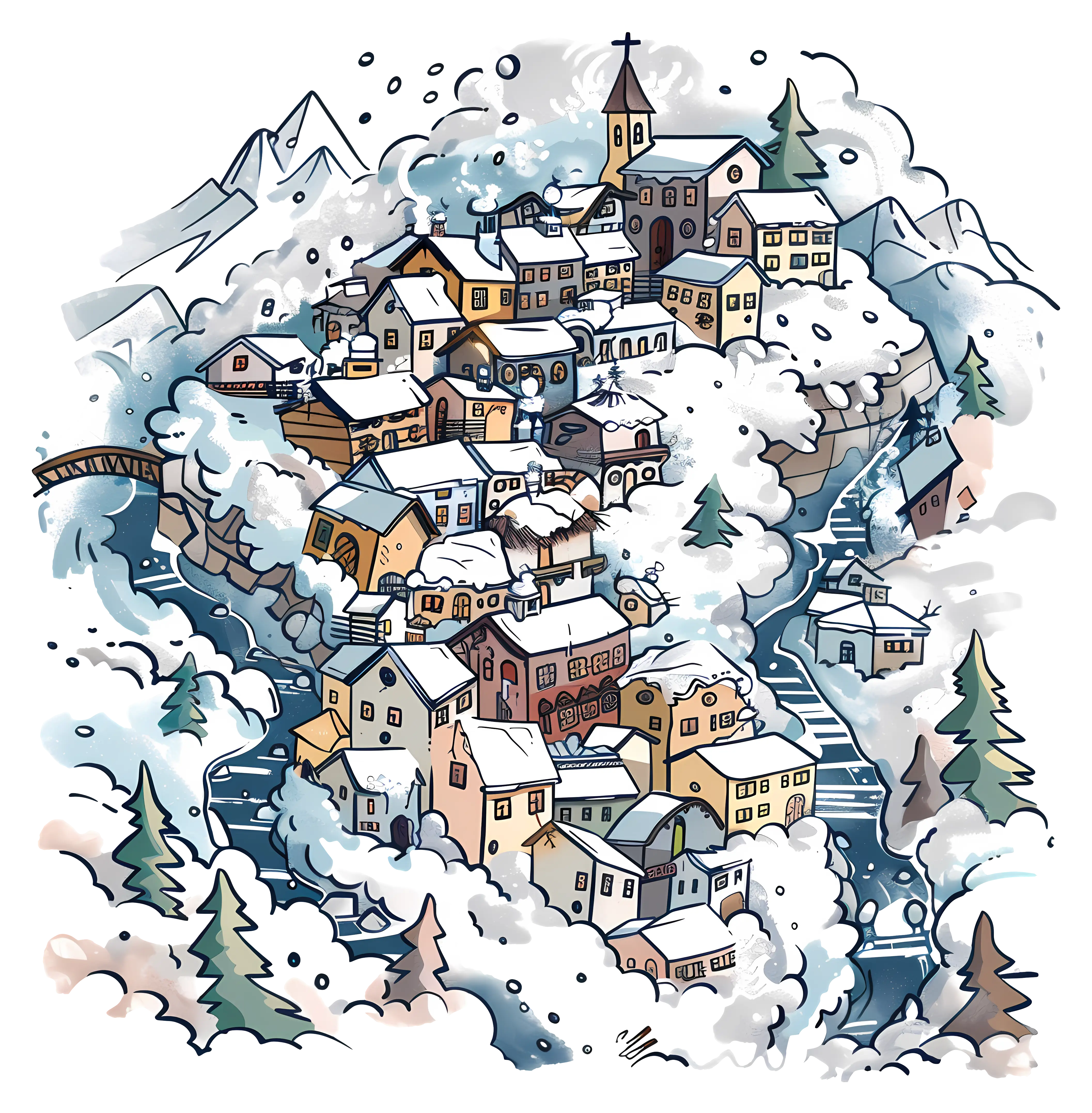 Snow-Covered Winter Village Illustration