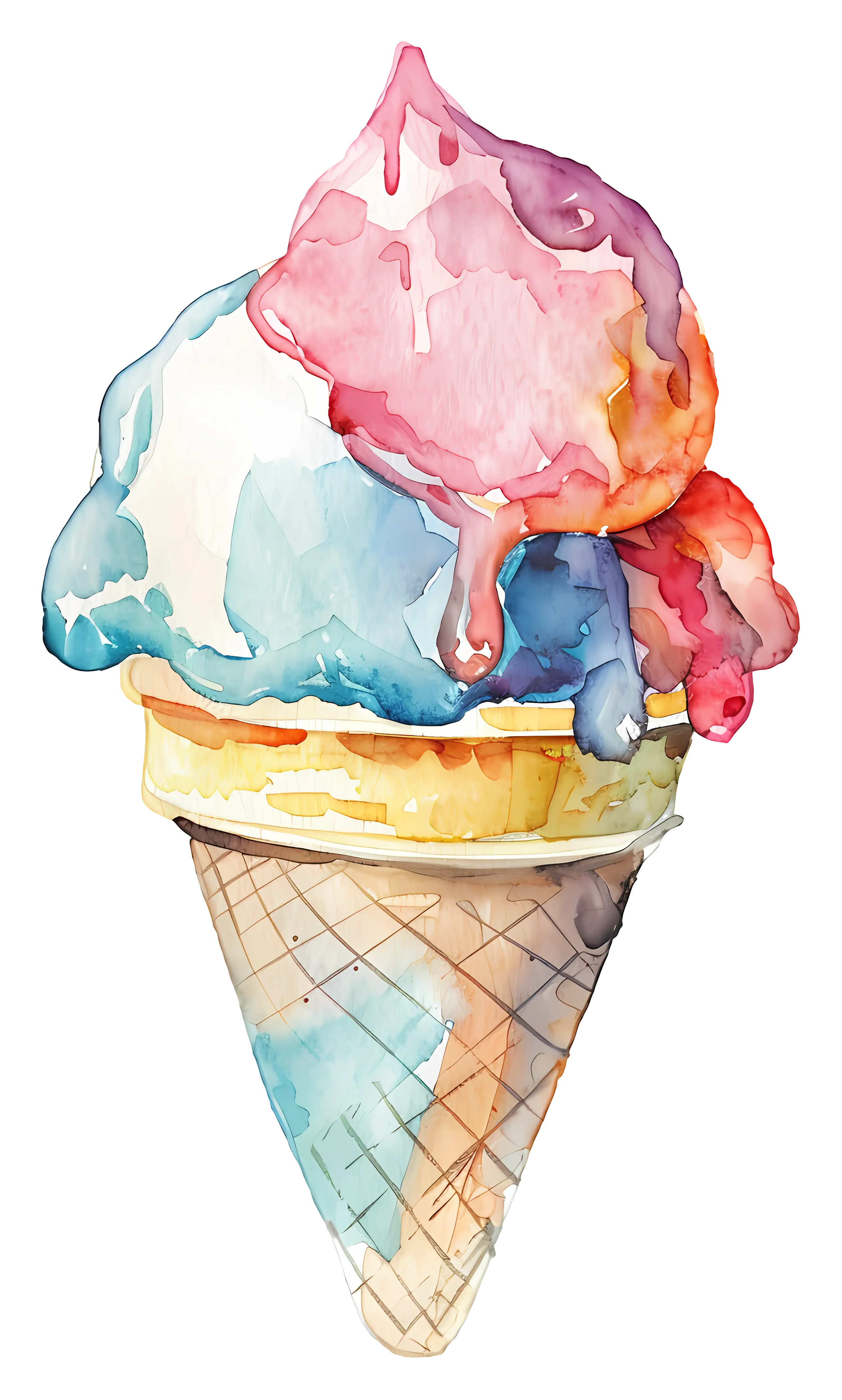 Colorful Ice Cream Cone Watercolor Illustration