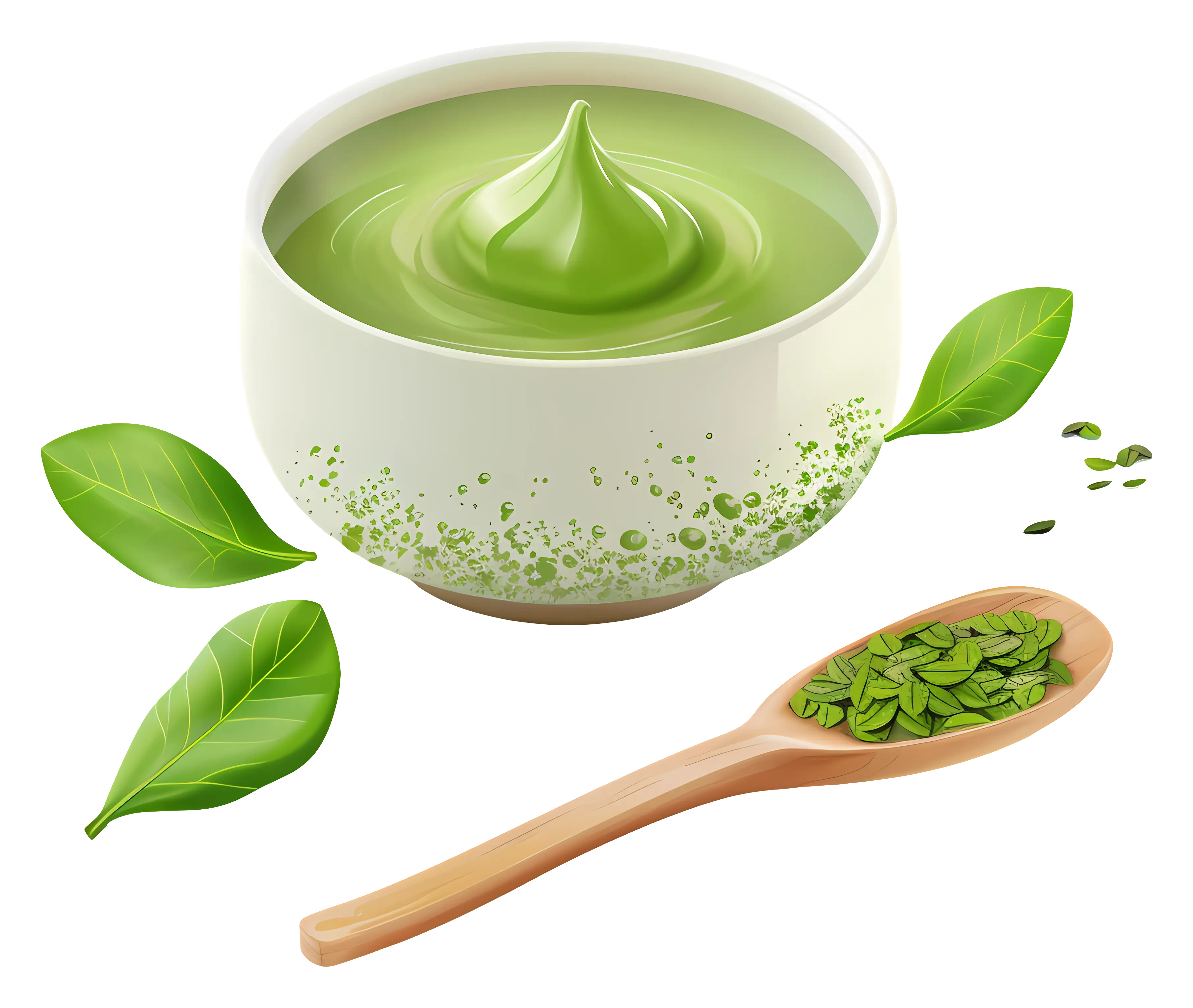 Green Tea Cream Bowl with Fresh Leaves