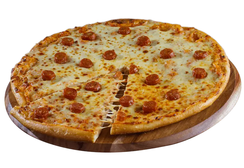 Cheesy Pepperoni Pizza on Wooden Plate
