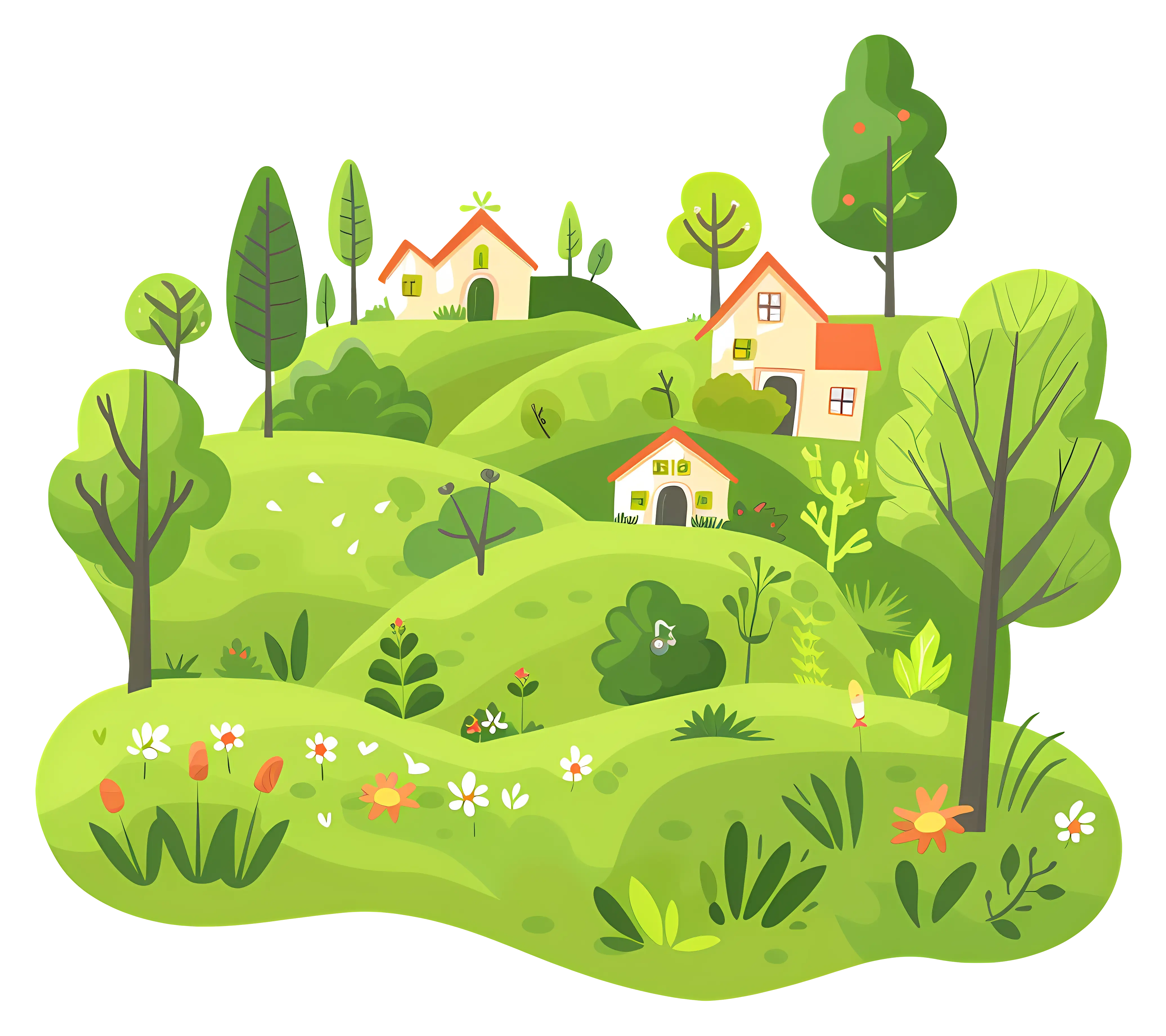 Green Hilly Landscape with Houses