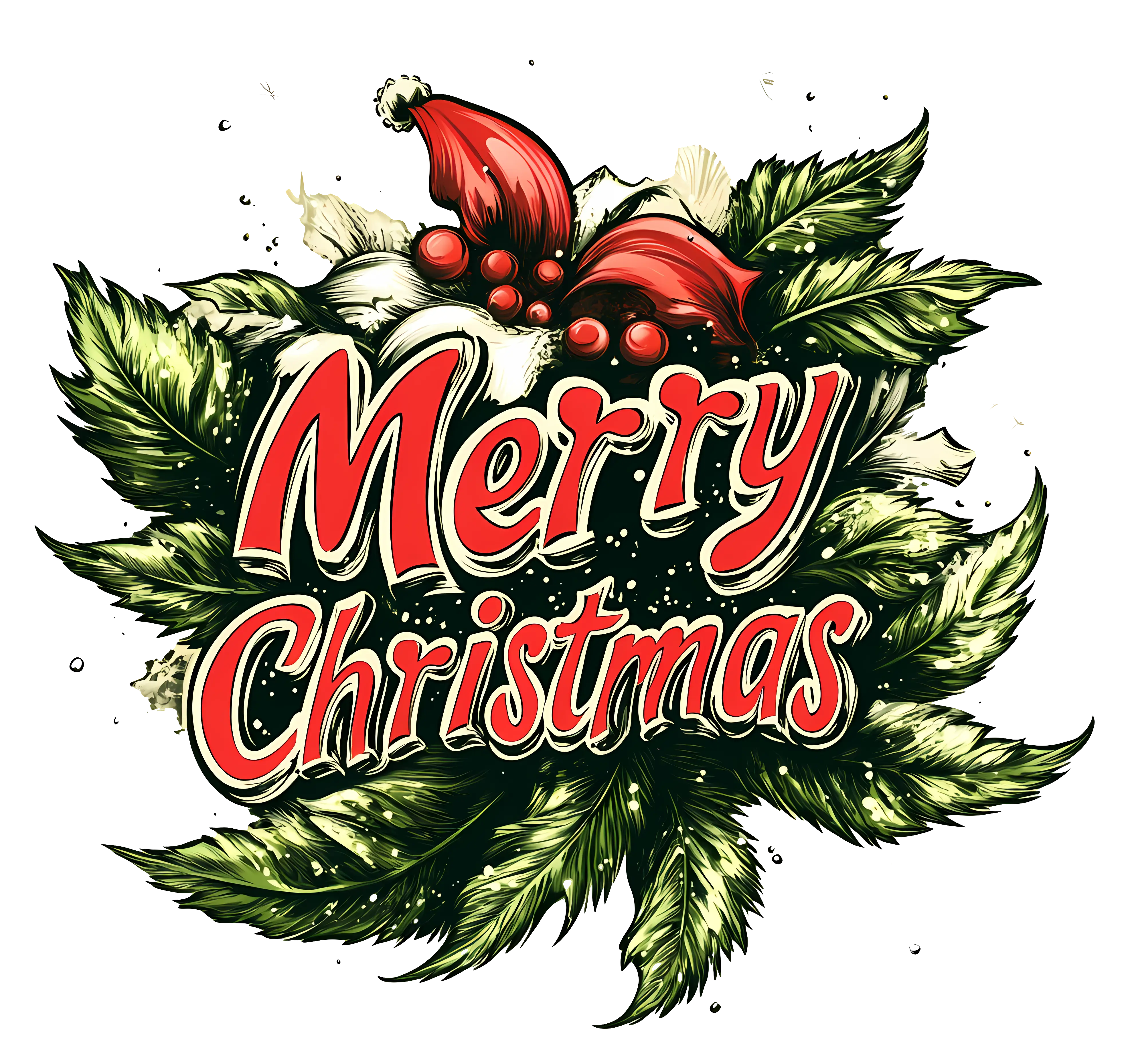Merry Christmas Text with Holly Leaves Design