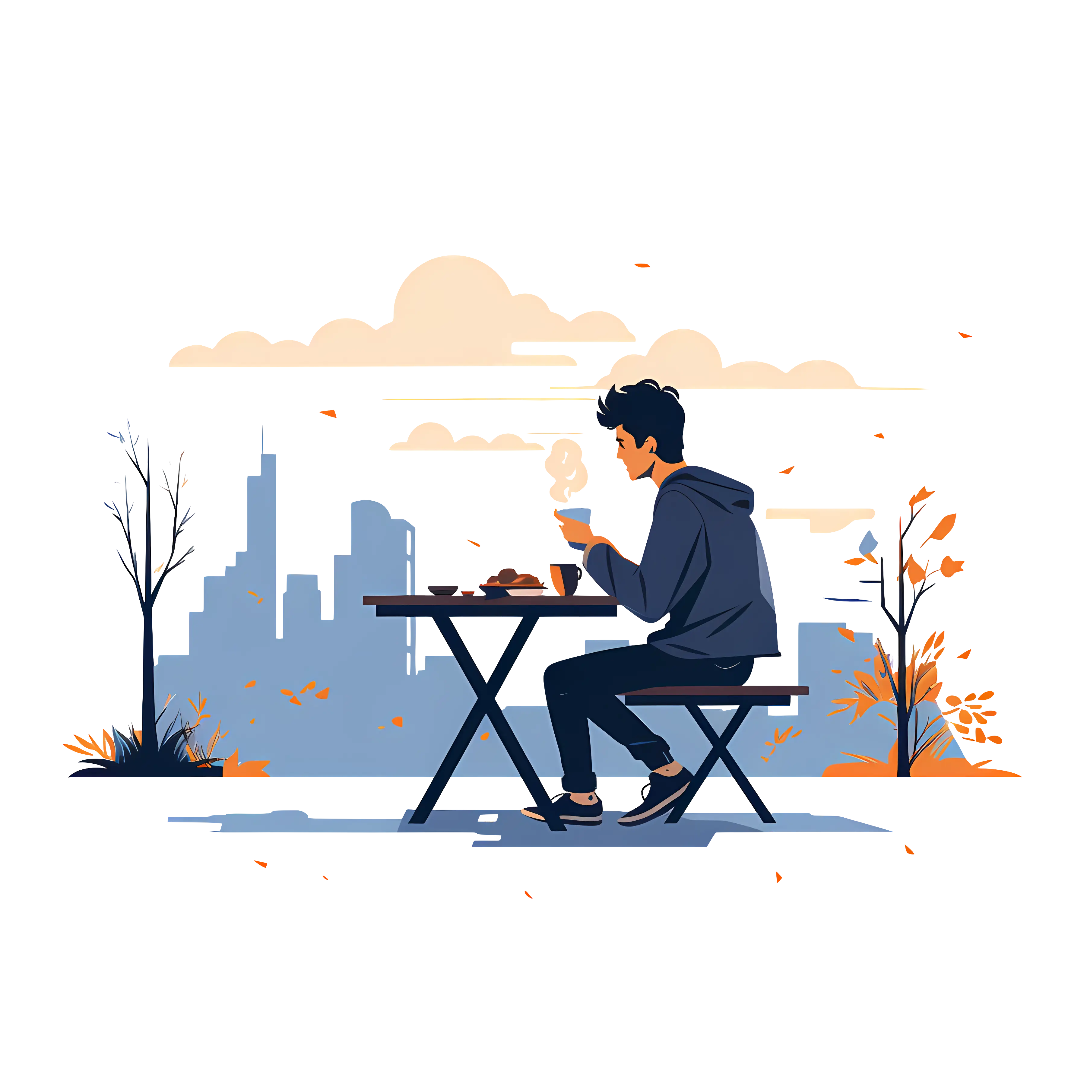 Man Sitting at Outdoor Table with City View