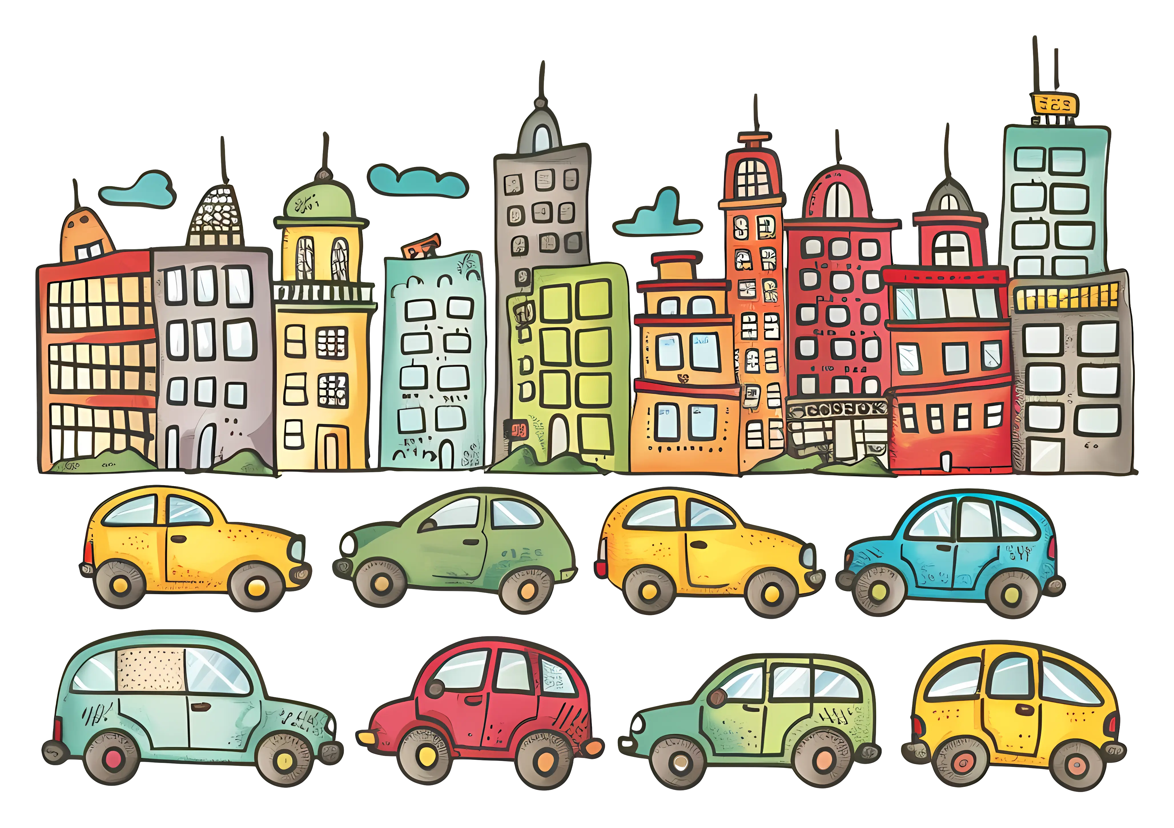 City Skyline with Colorful Cars