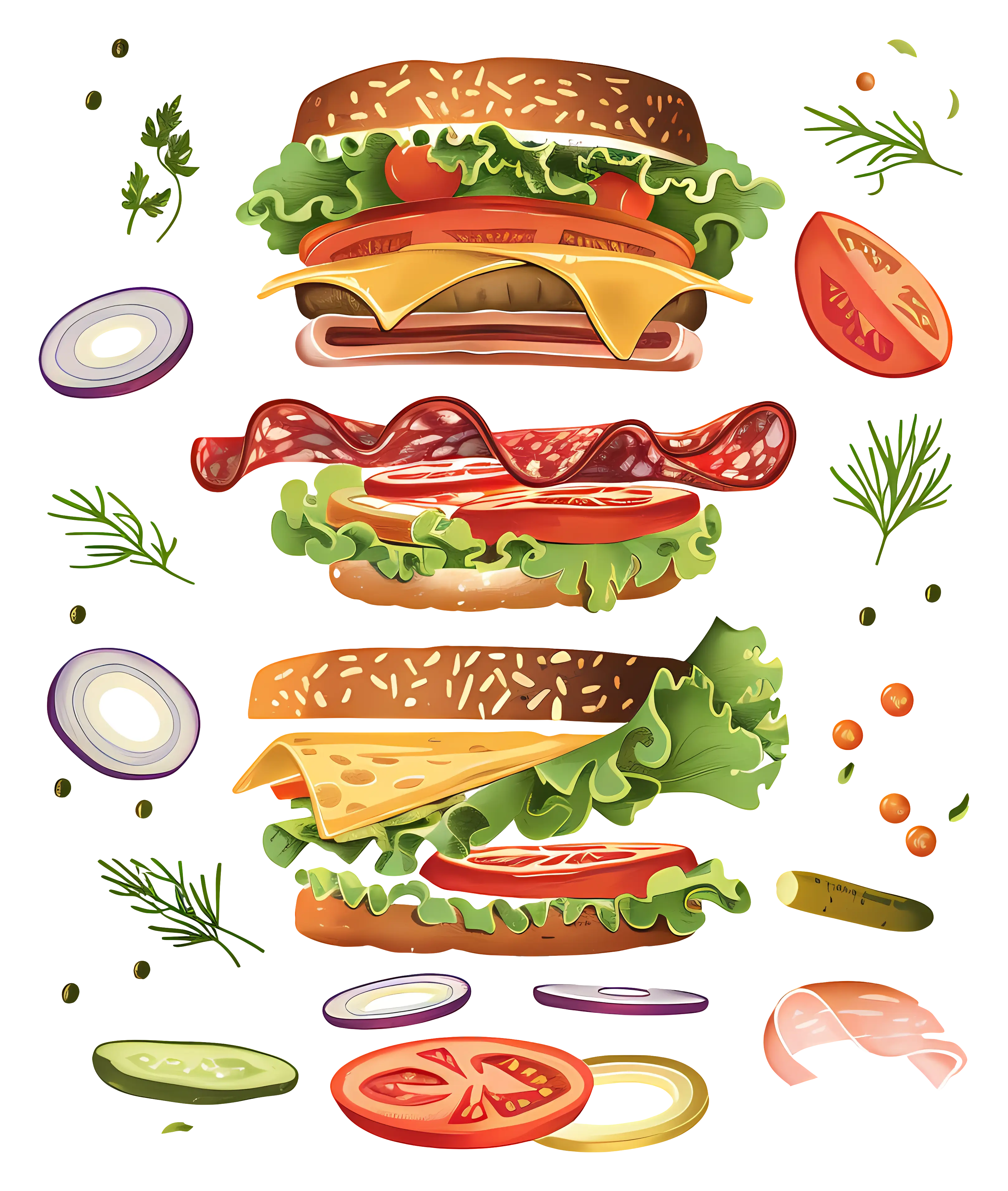 Stacked Burger Layers with Ingredients