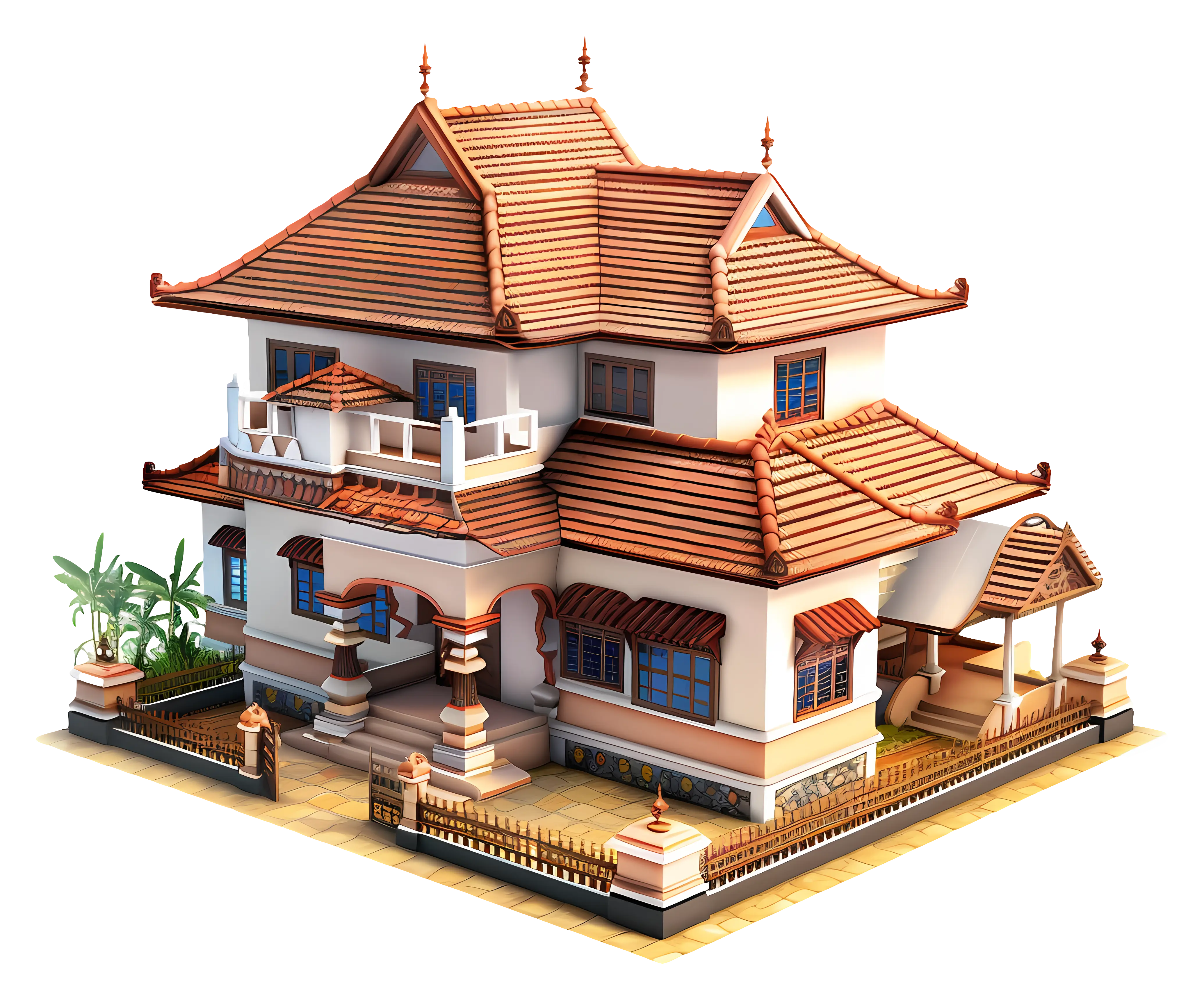 Traditional House with Tiled Roof Illustration
