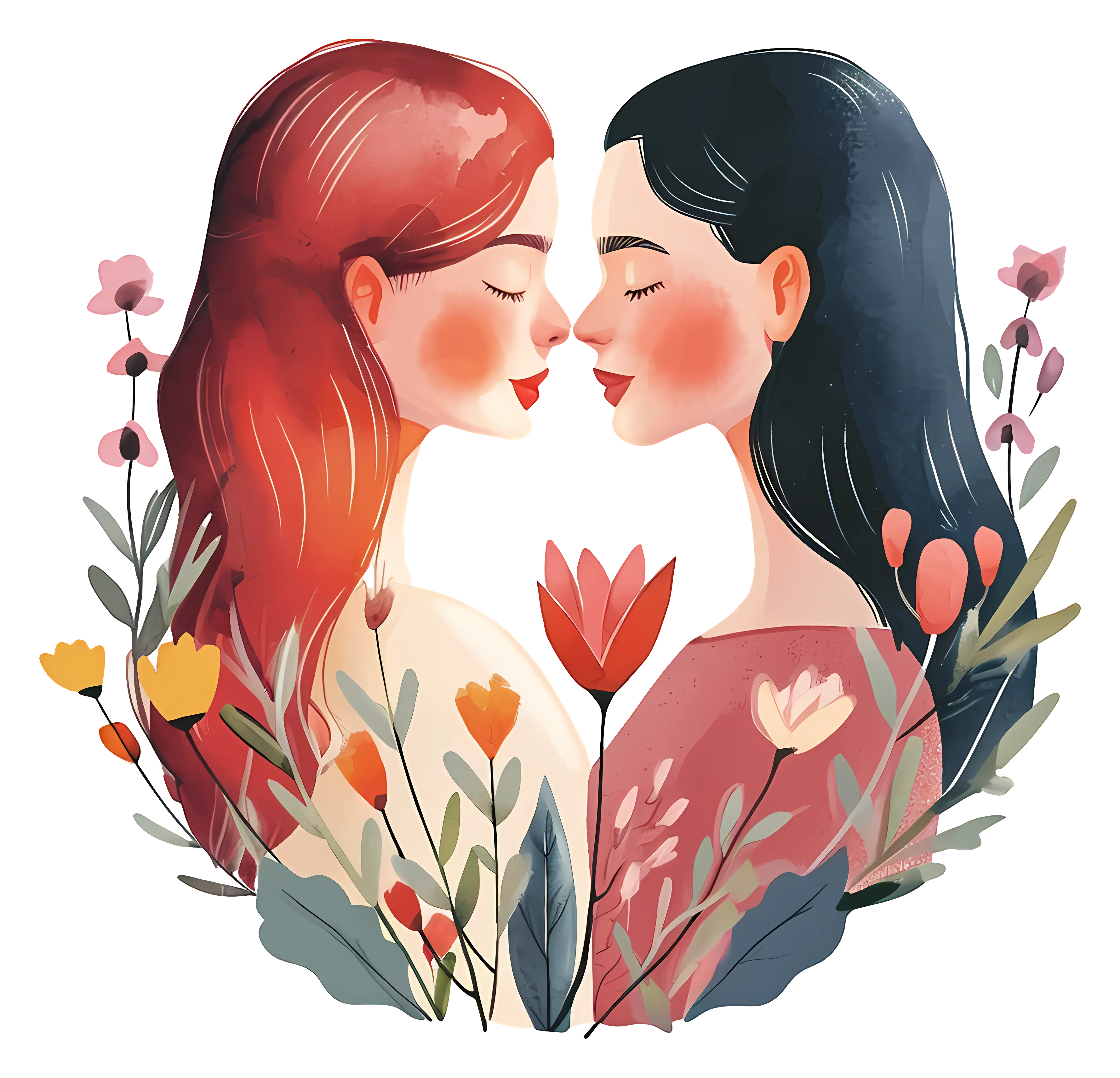 Two Women with Flowers Illustration
