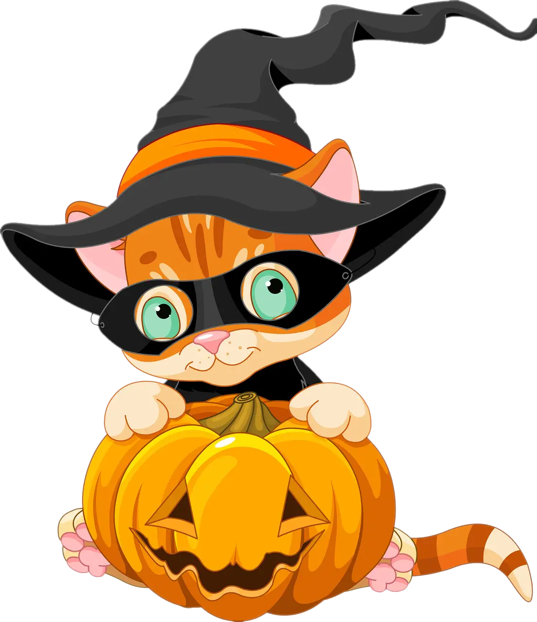 Cute Cat in Witch Hat with Pumpkin for Halloween