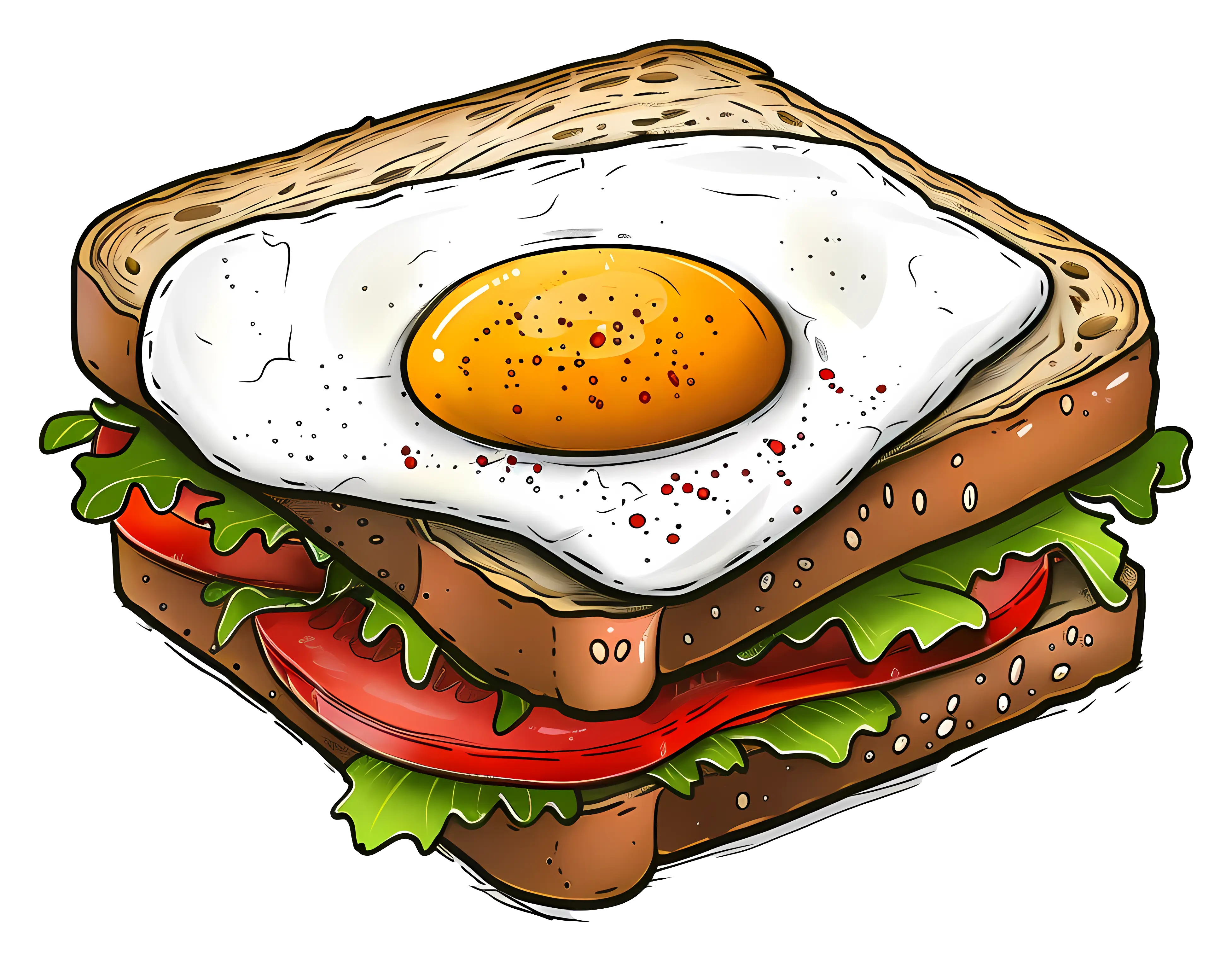Illustration of Sandwich with Fried Egg and Fresh Vegetables