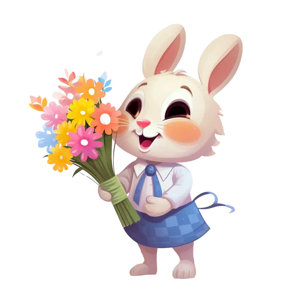 Cute Cartoon Rabbit Holding a Floral Bouquet